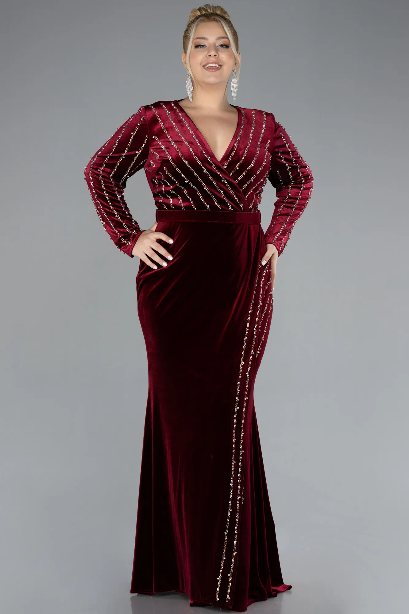 Burgundy-Stoned Long Sleeve Velvet Oversized Evening Dress ABU4277