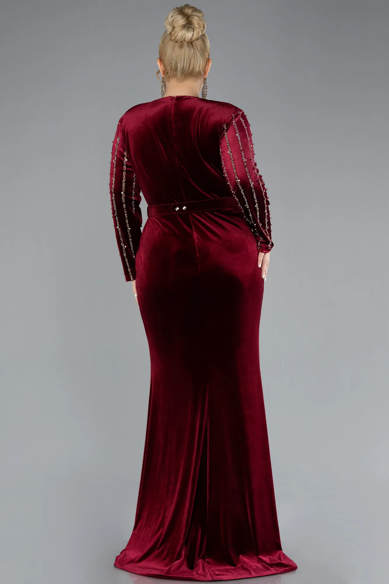 Burgundy-Stoned Long Sleeve Velvet Oversized Evening Dress ABU4277