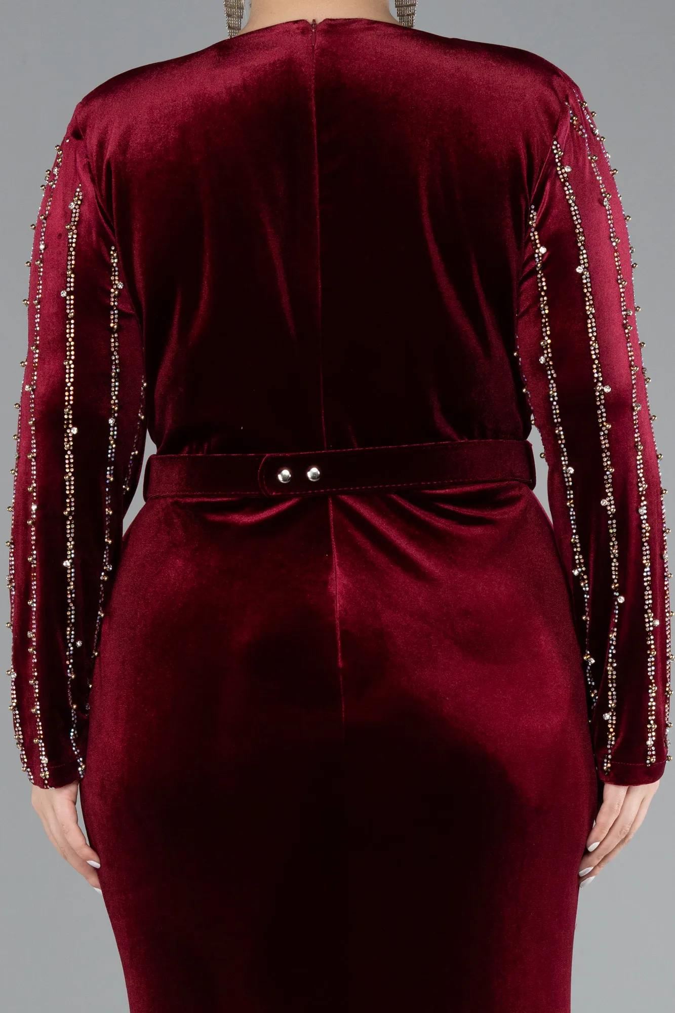 Burgundy-Stoned Long Sleeve Velvet Oversized Evening Dress ABU4277