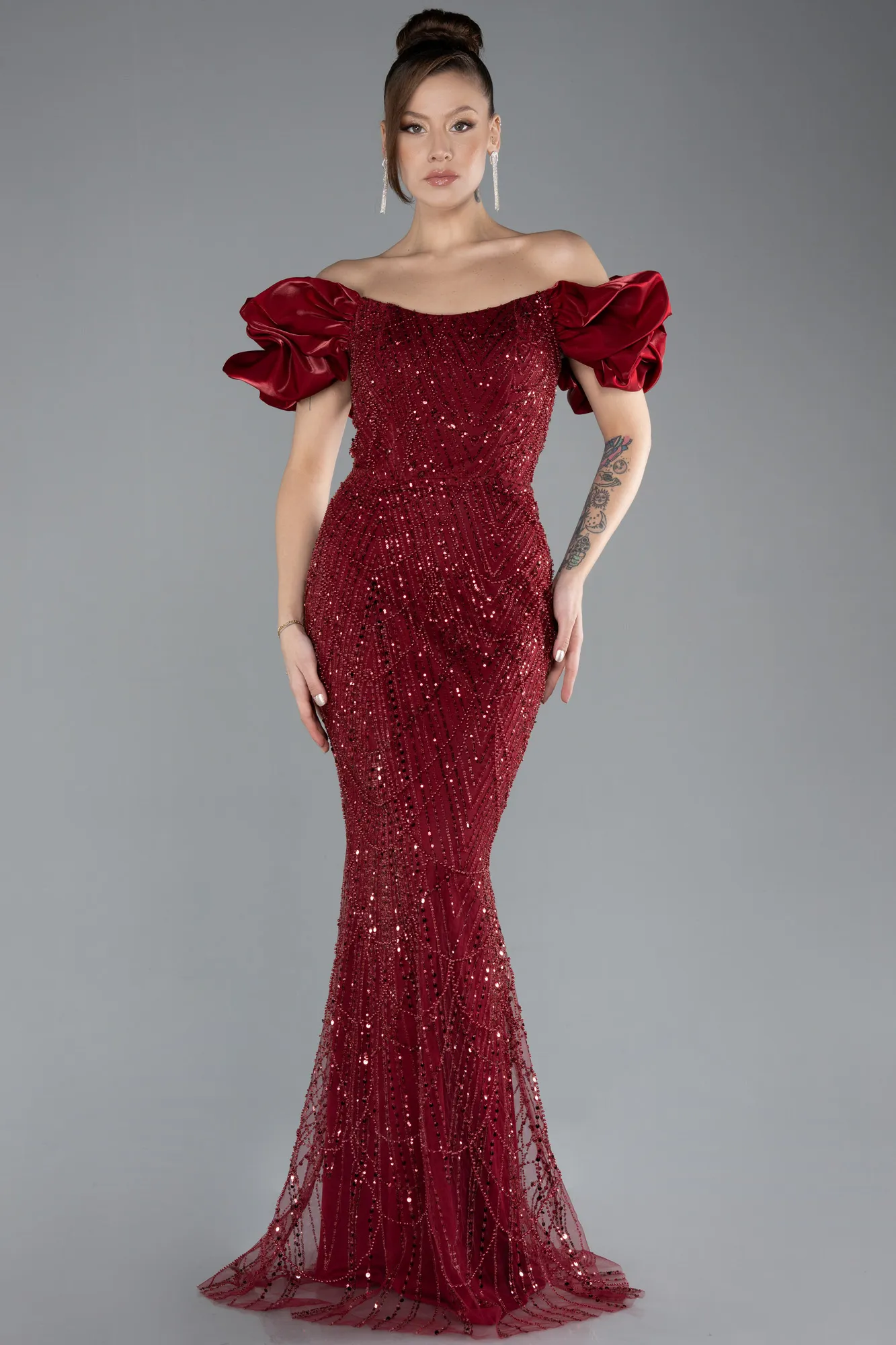 Burgundy-Stoned Strapless Sleeve Accessories Long Mermaid Evening Gown ABU4509