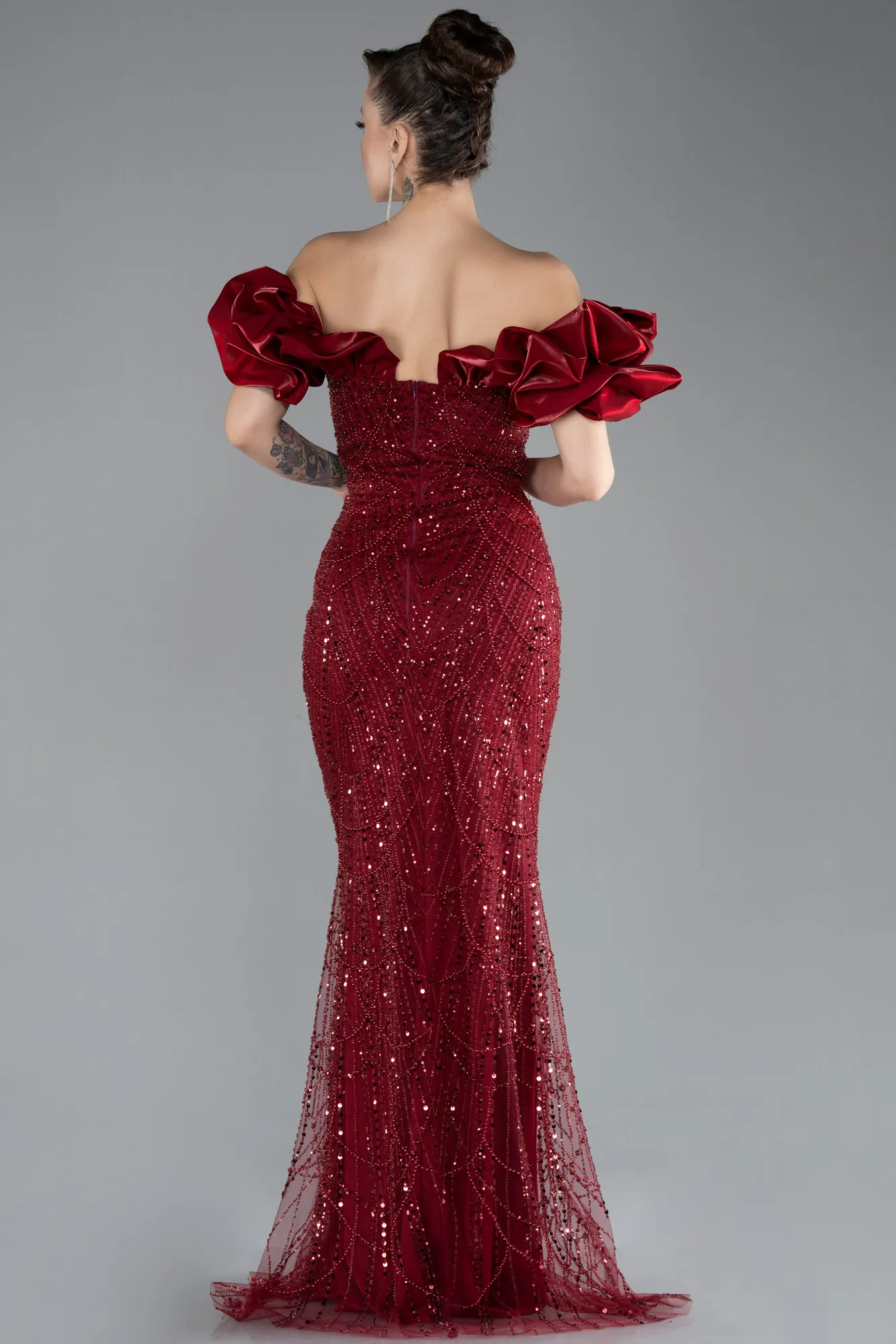 Burgundy-Stoned Strapless Sleeve Accessories Long Mermaid Evening Gown ABU4509