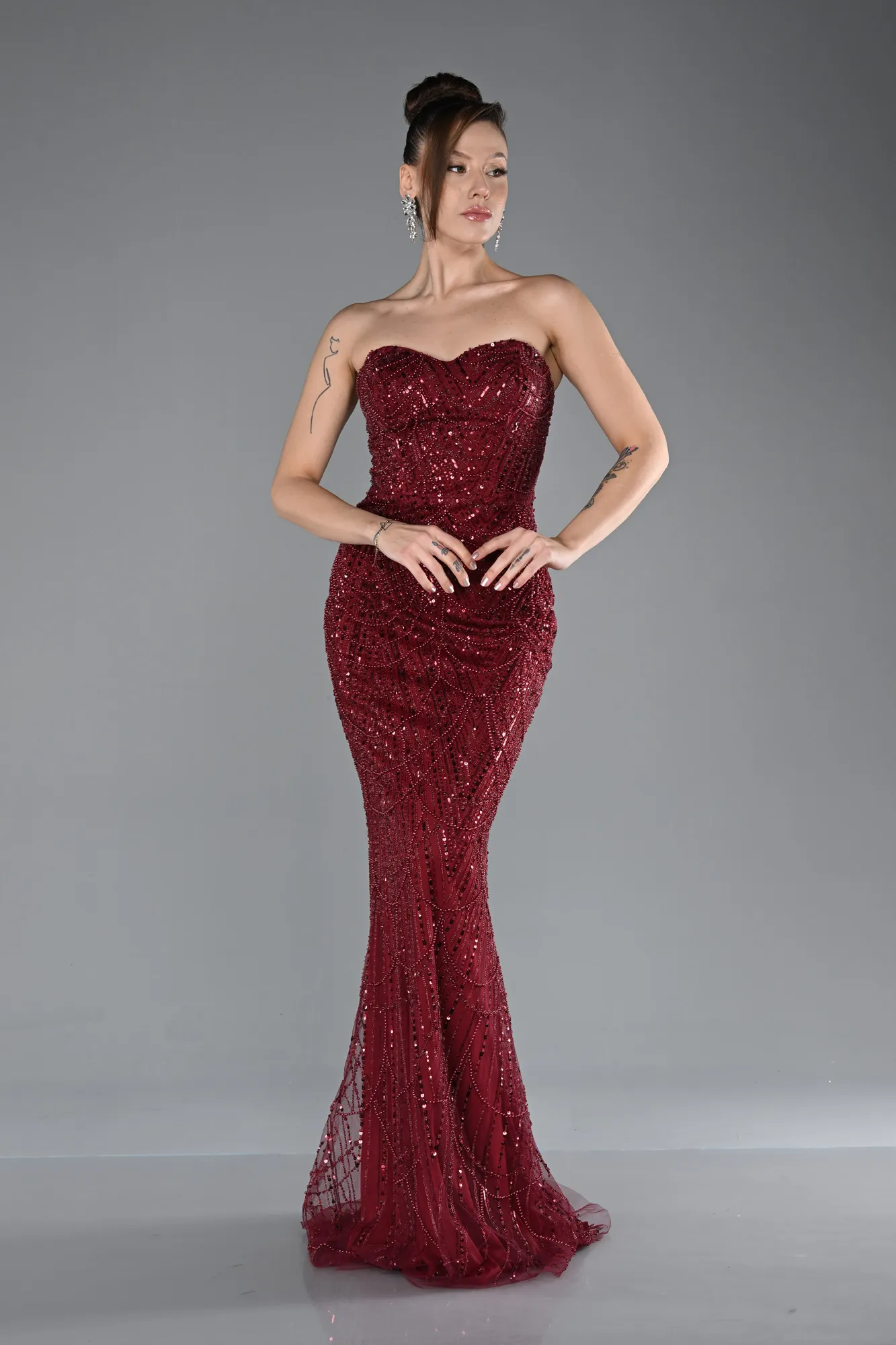 Burgundy-Strapless Shawl Stoned Long Evening Gown ABU4517