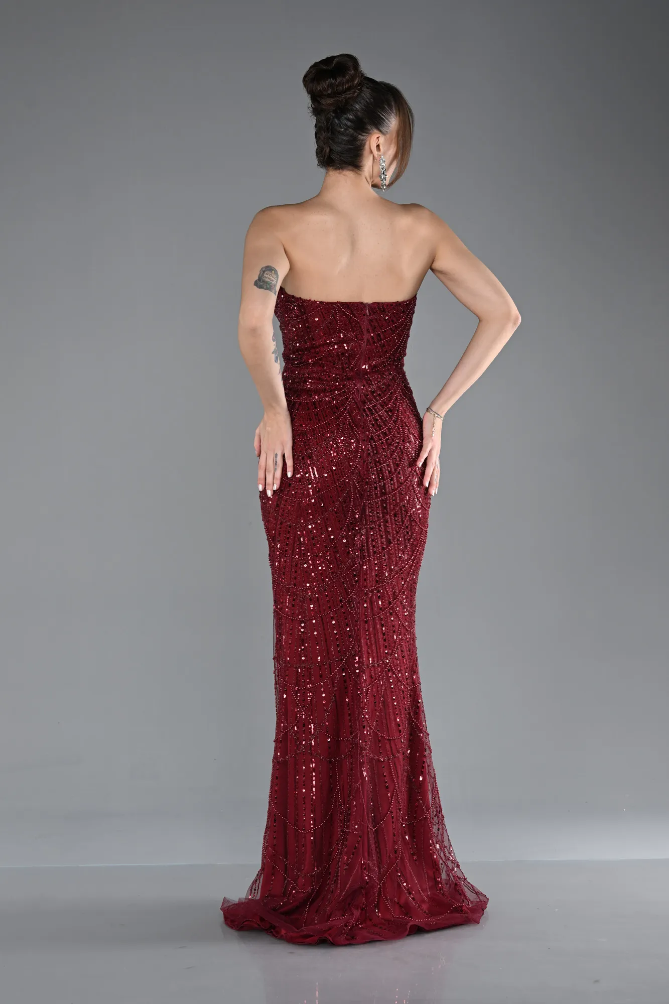 Burgundy-Strapless Shawl Stoned Long Evening Gown ABU4517