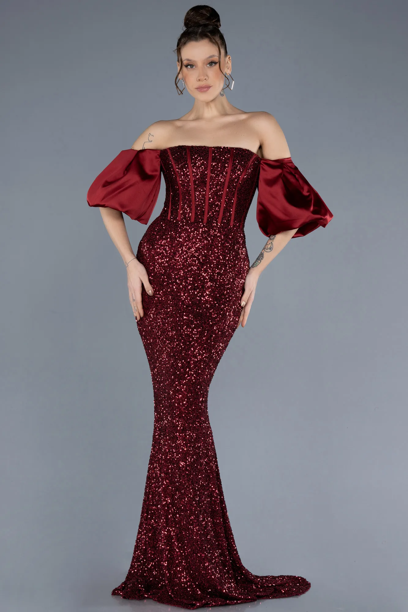 Burgundy-Strapless Sleeve Accessories Long Scaly Evening Gown ABU4308