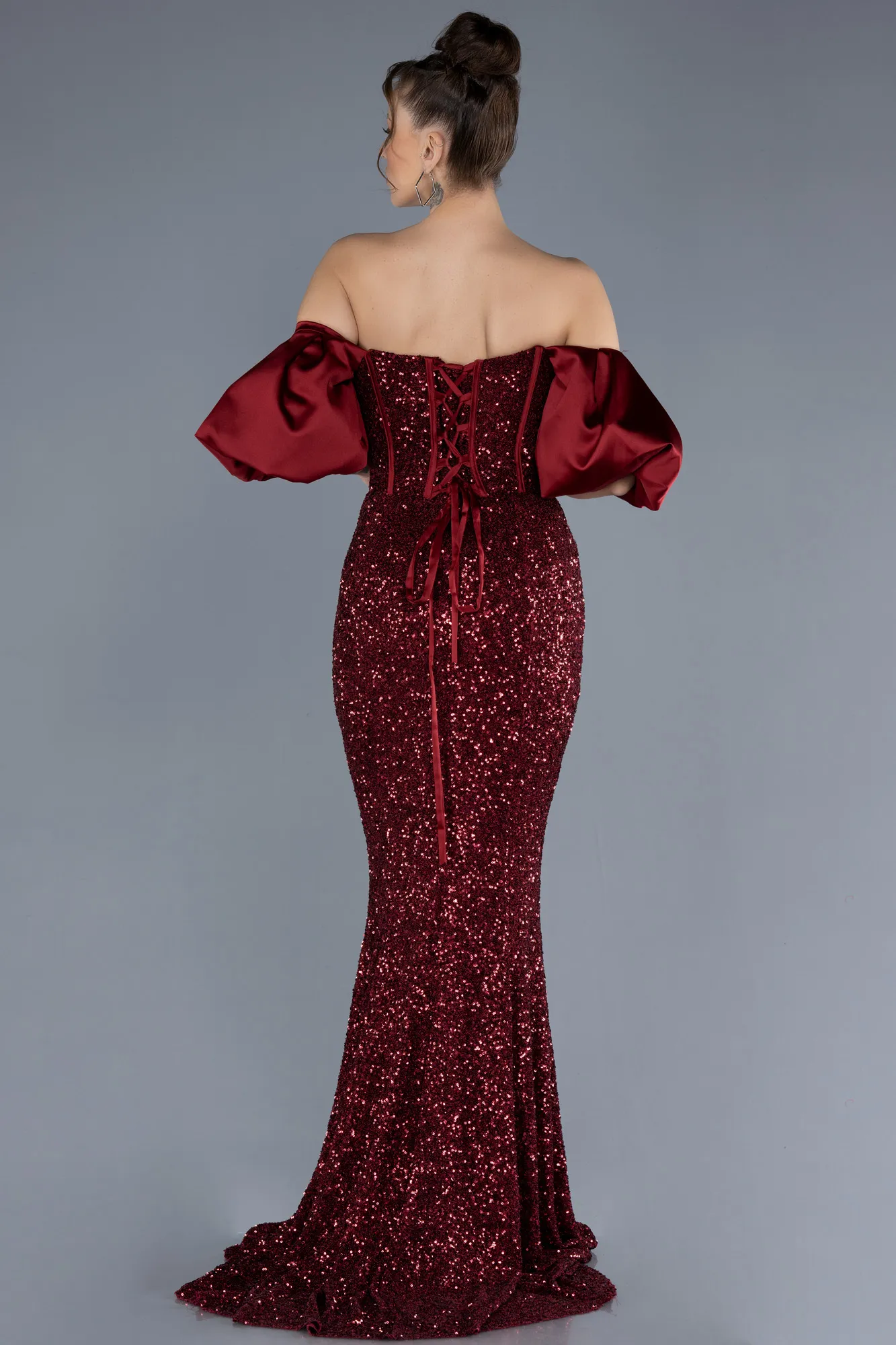 Burgundy-Strapless Sleeve Accessories Long Scaly Evening Gown ABU4308