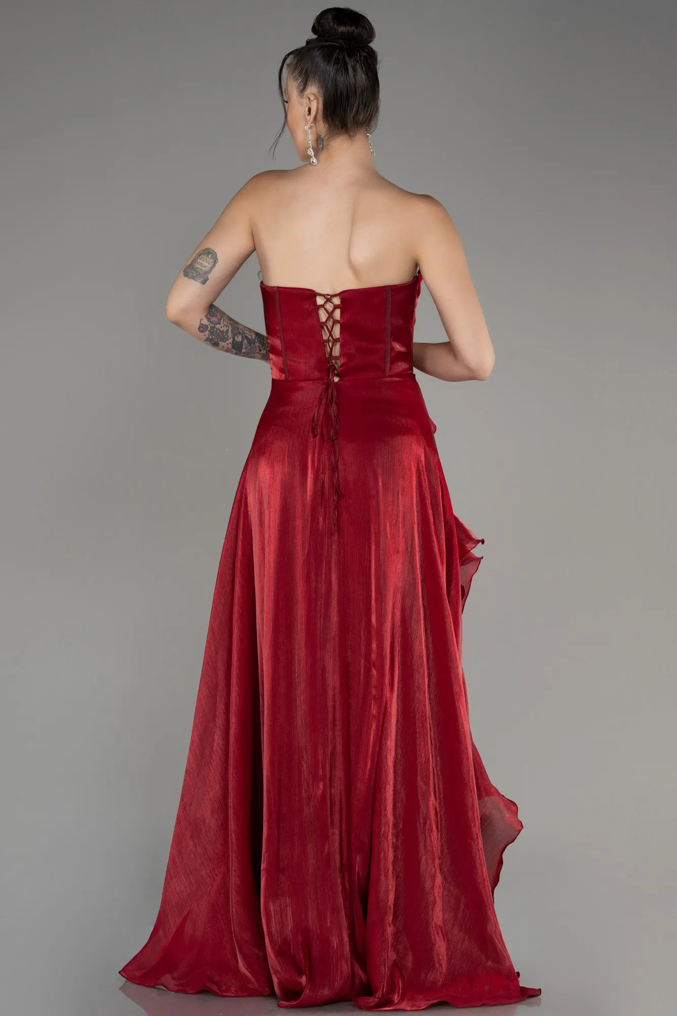 Burgundy-Strapless Slit Long Chiffon Prom Dress ABU4012