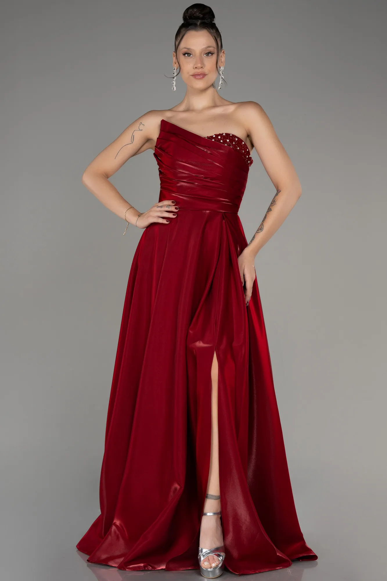 Burgundy-Strapless Slit Long Prom Dress ABU4036