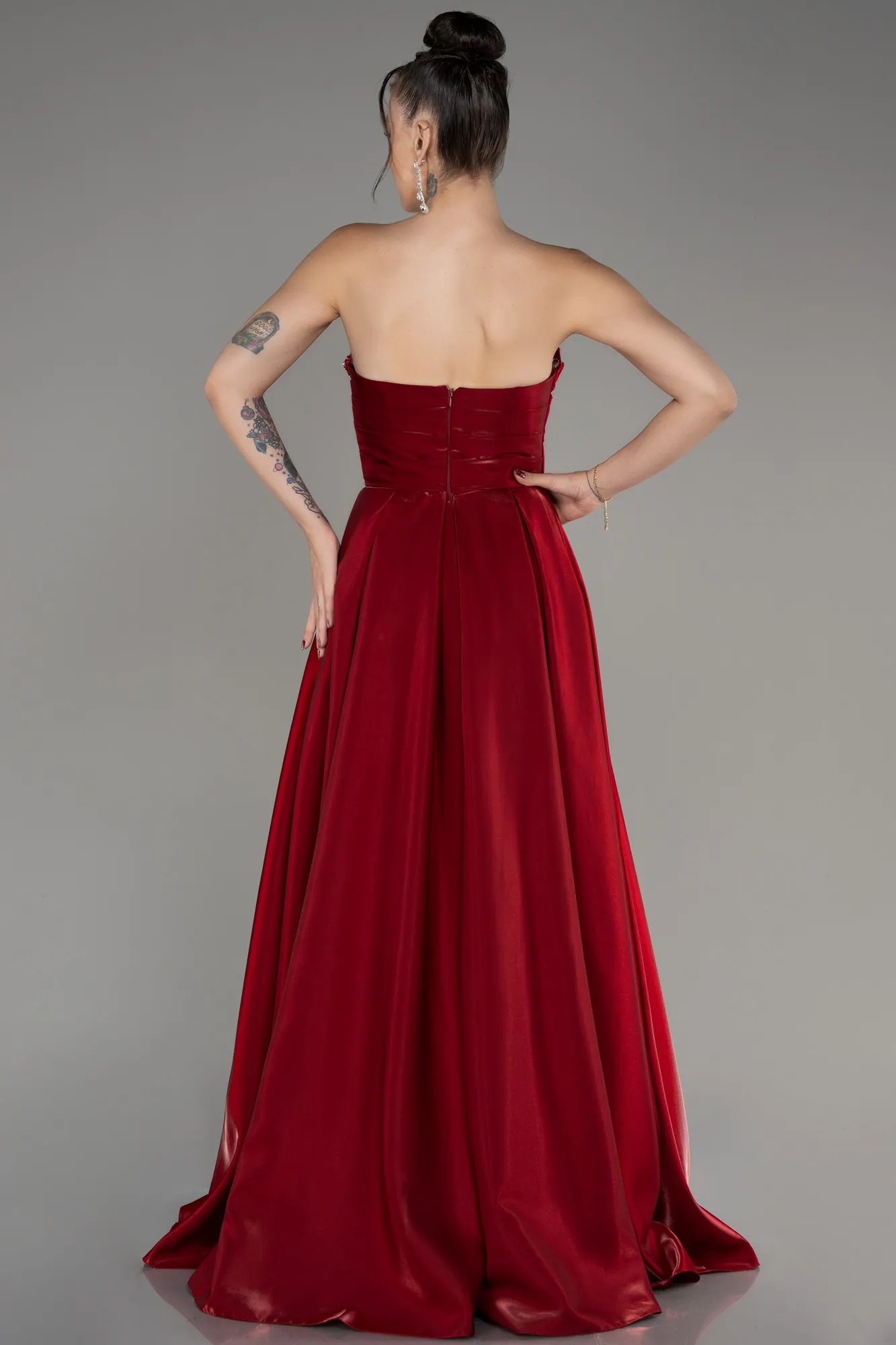 Burgundy-Strapless Slit Long Prom Dress ABU4036