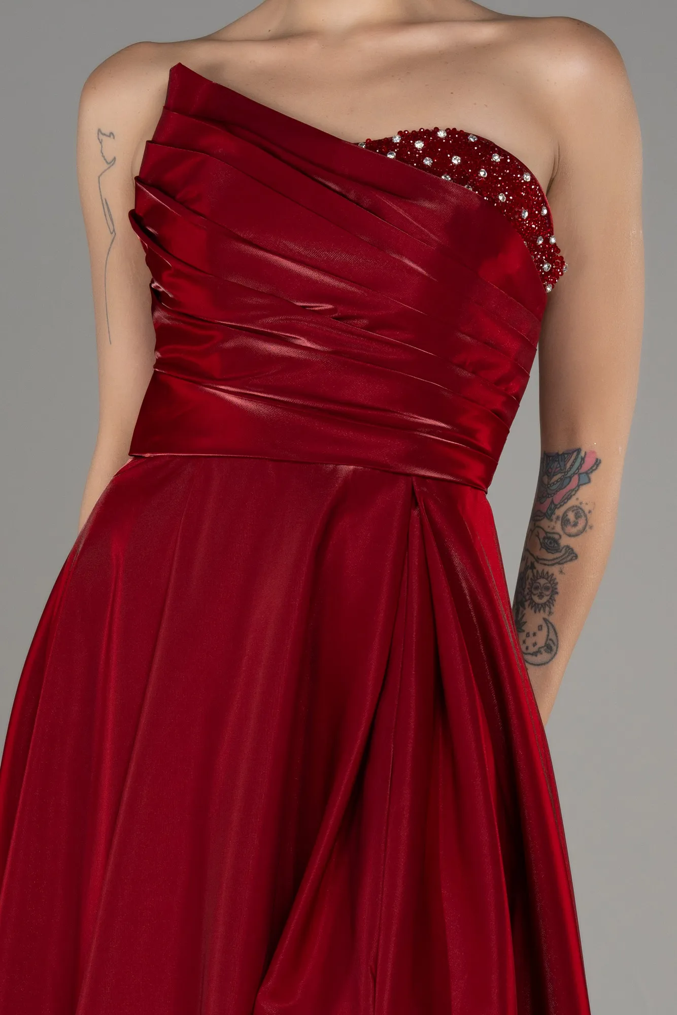 Burgundy-Strapless Slit Long Prom Dress ABU4036