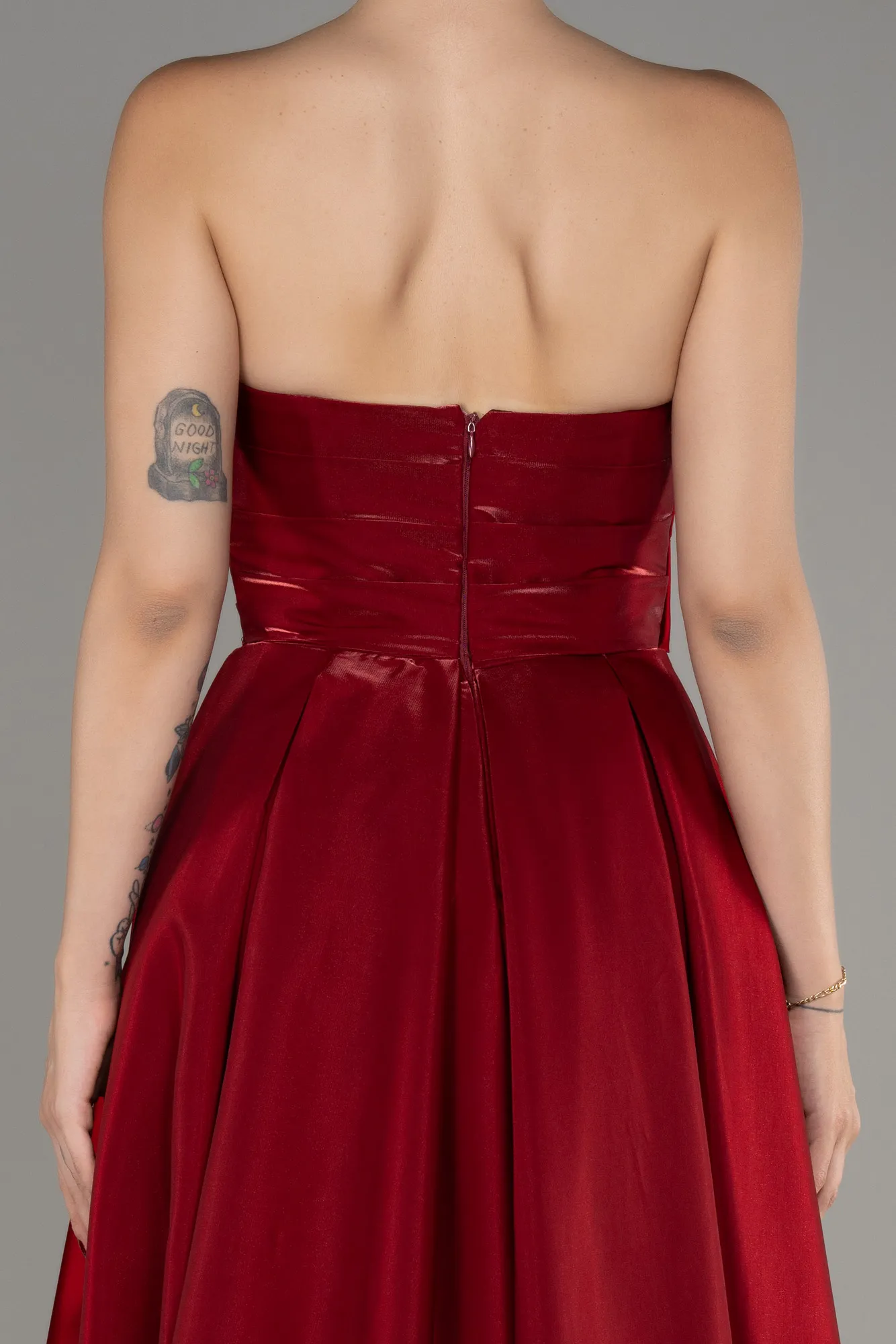 Burgundy-Strapless Slit Long Prom Dress ABU4036