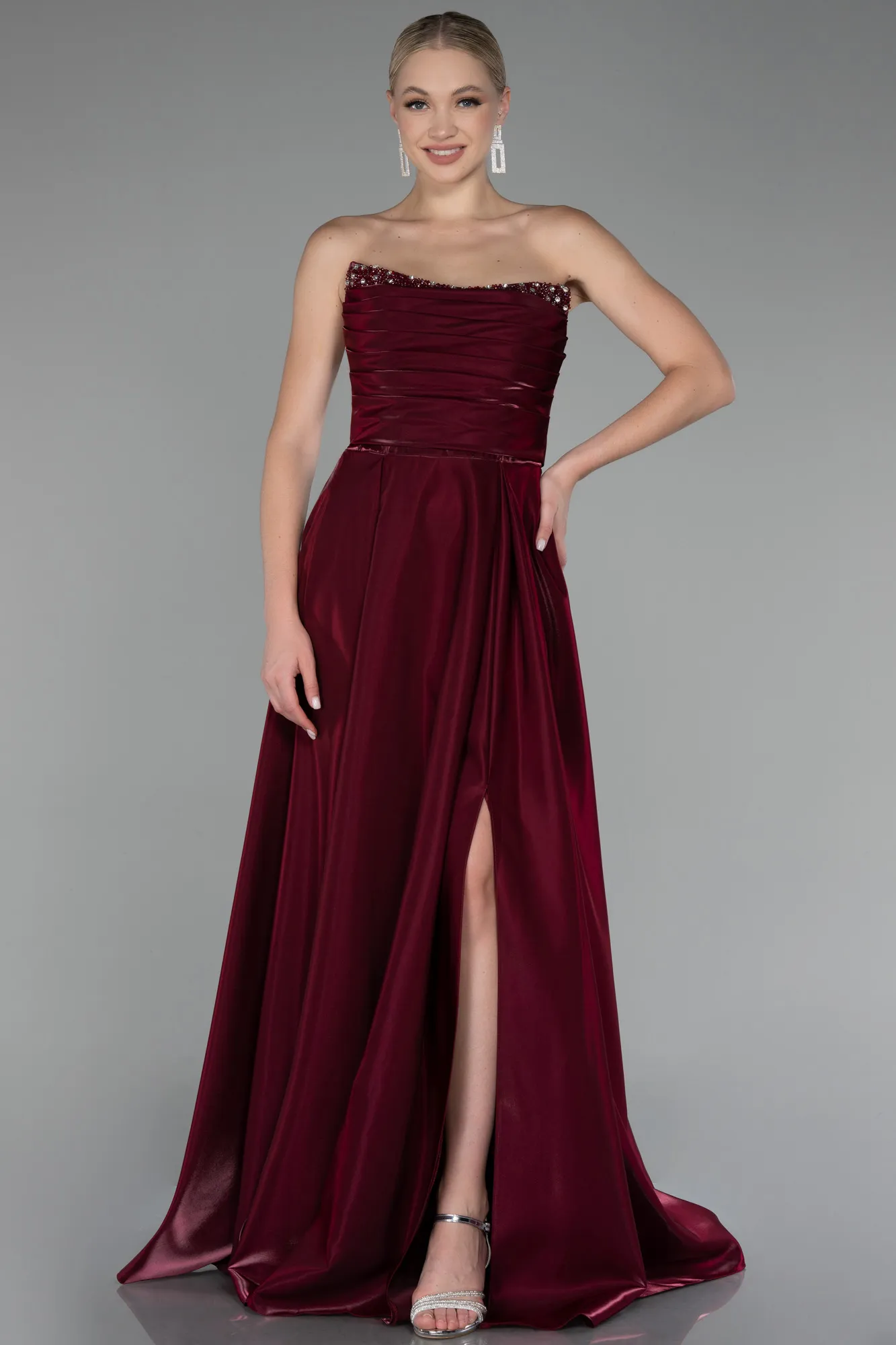 Burgundy-Strapless Slit Long Stin Prom Dress ABU4013