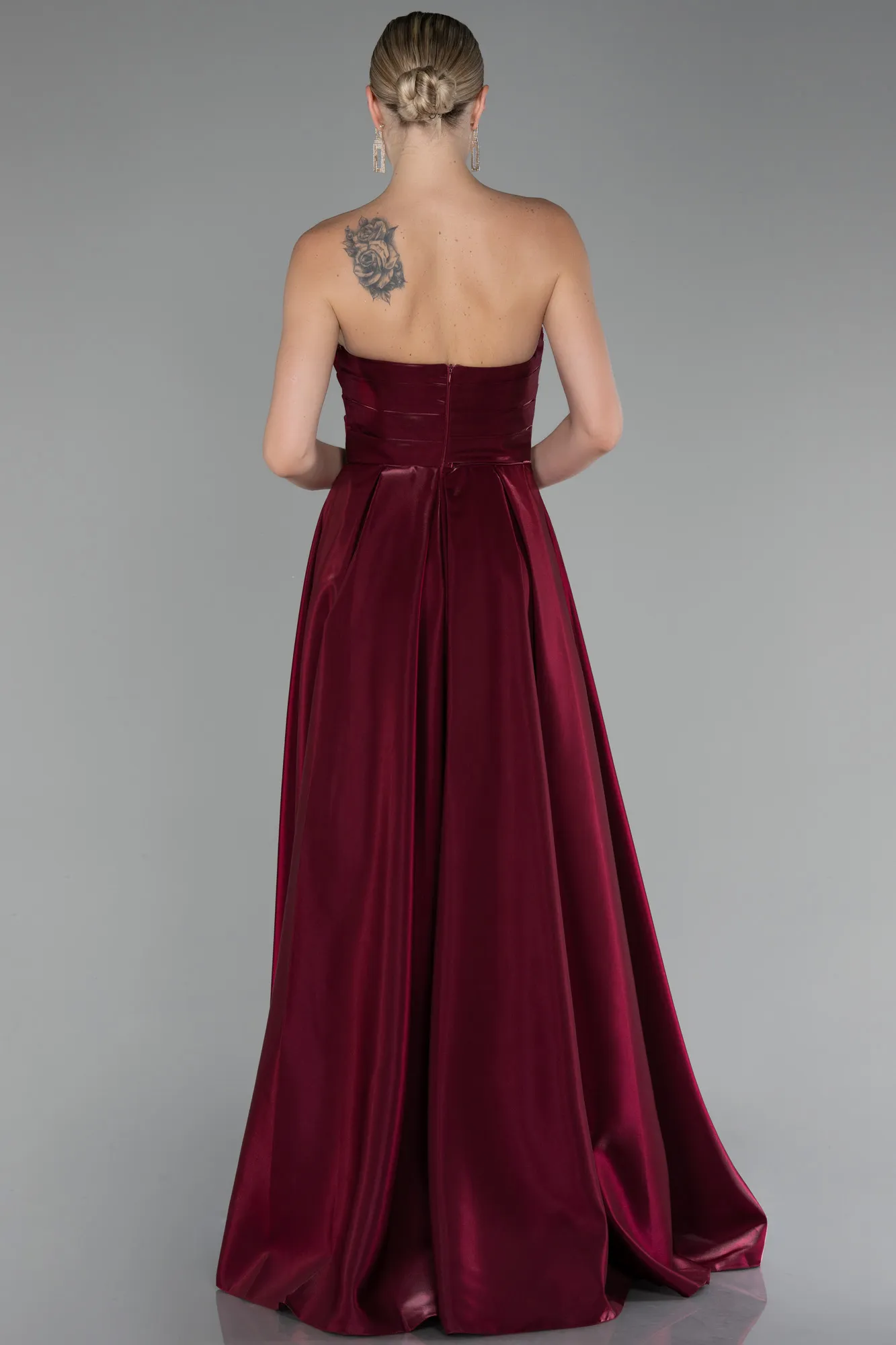 Burgundy-Strapless Slit Long Stin Prom Dress ABU4013