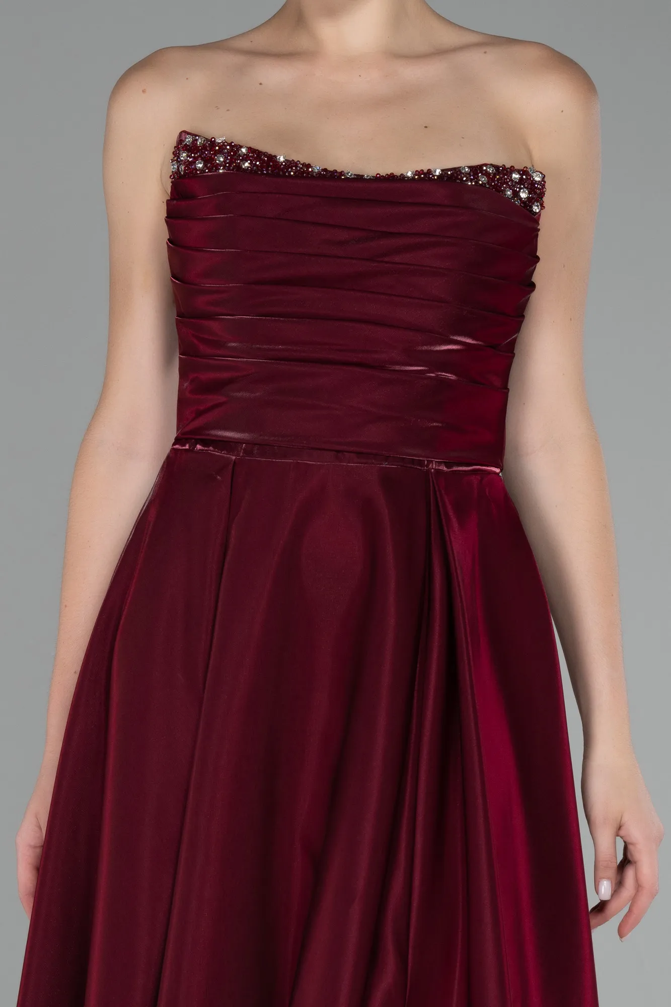 Burgundy-Strapless Slit Long Stin Prom Dress ABU4013