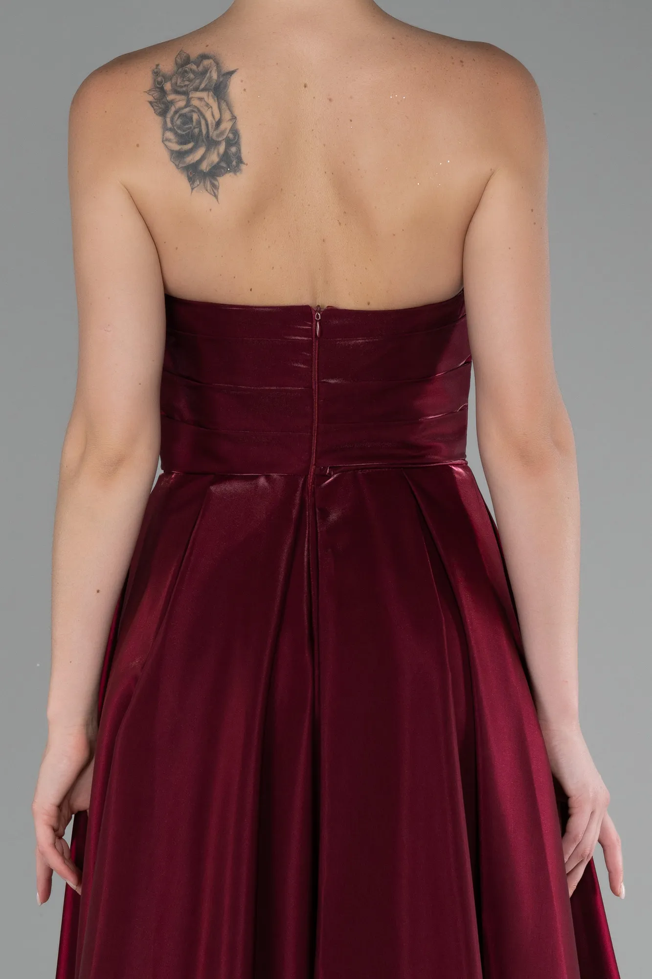 Burgundy-Strapless Slit Long Stin Prom Dress ABU4013