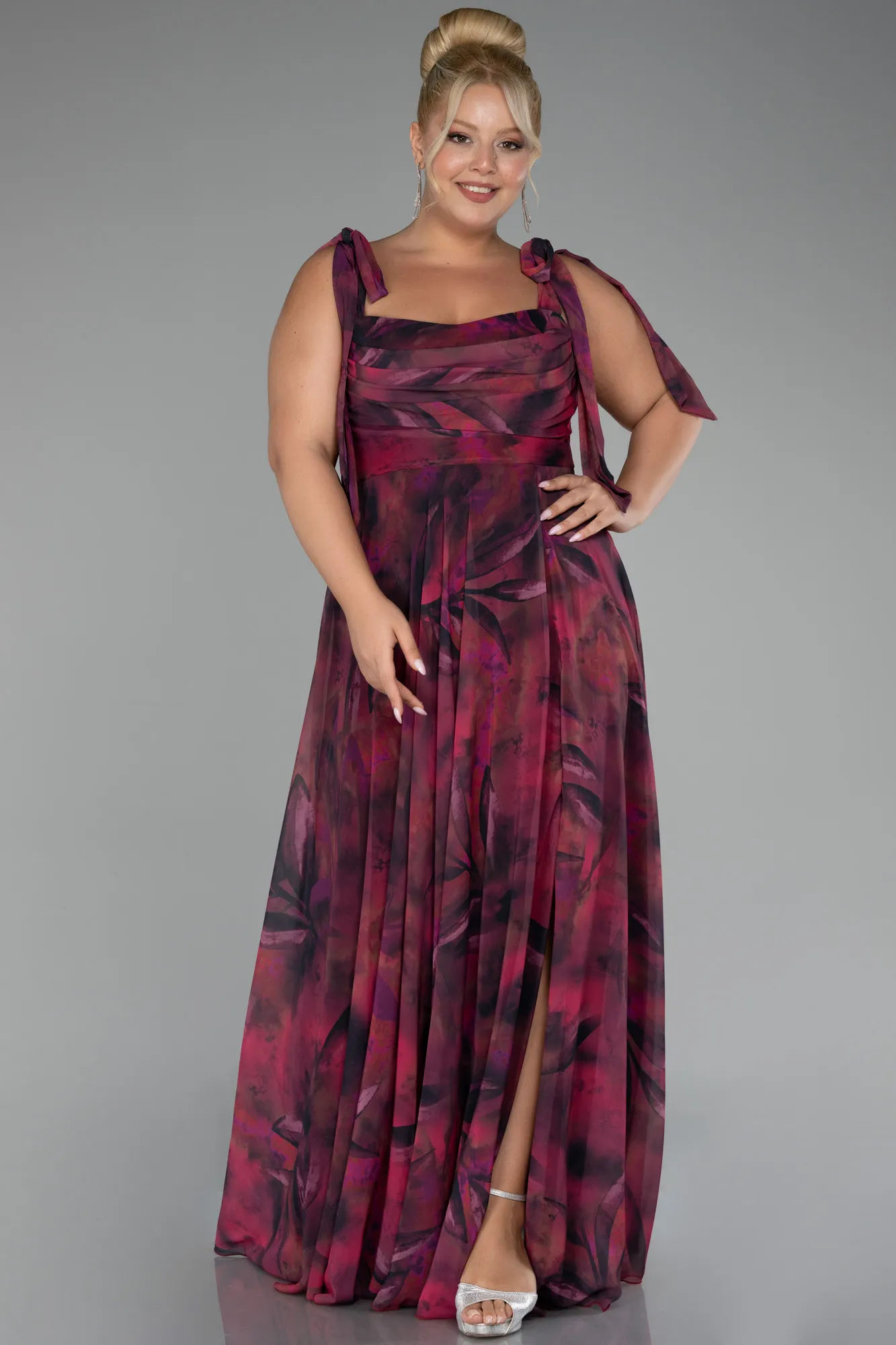 Burgundy-Strappy Slit Printed Long Plus Size Prom Dress ABU4204