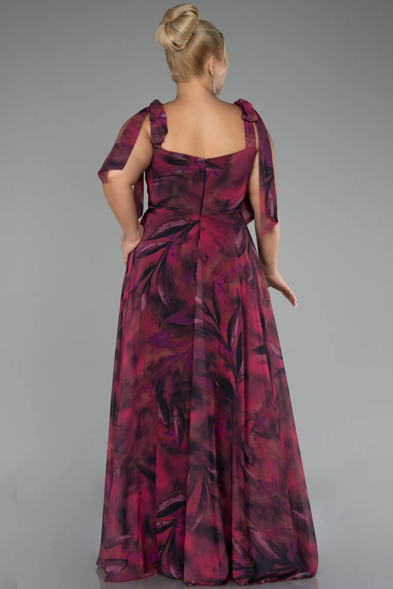 Burgundy-Strappy Slit Printed Long Plus Size Prom Dress ABU4204