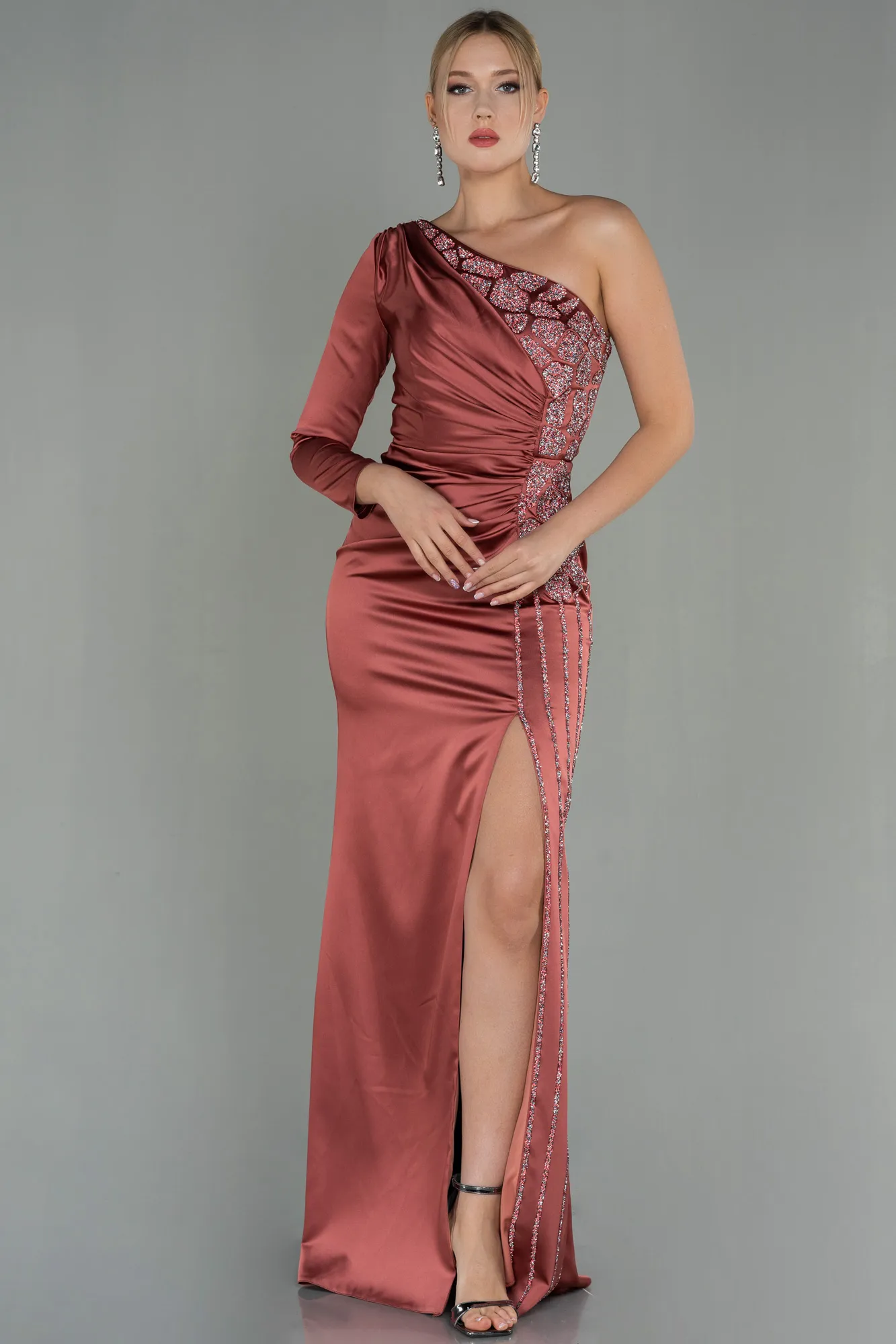 Cinnamon-Long Satin Evening Dress ABU3061