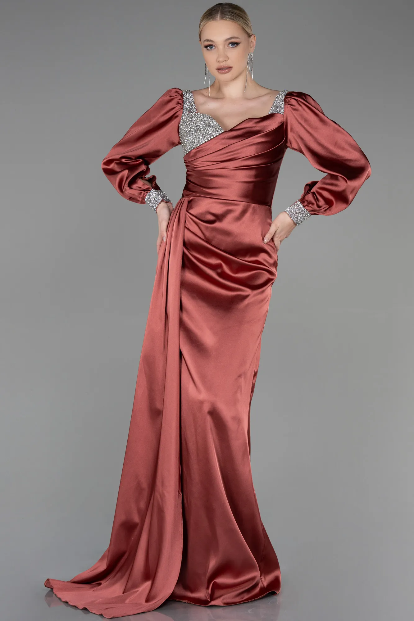 Cinnamon-Long Satin Evening Dress ABU3318