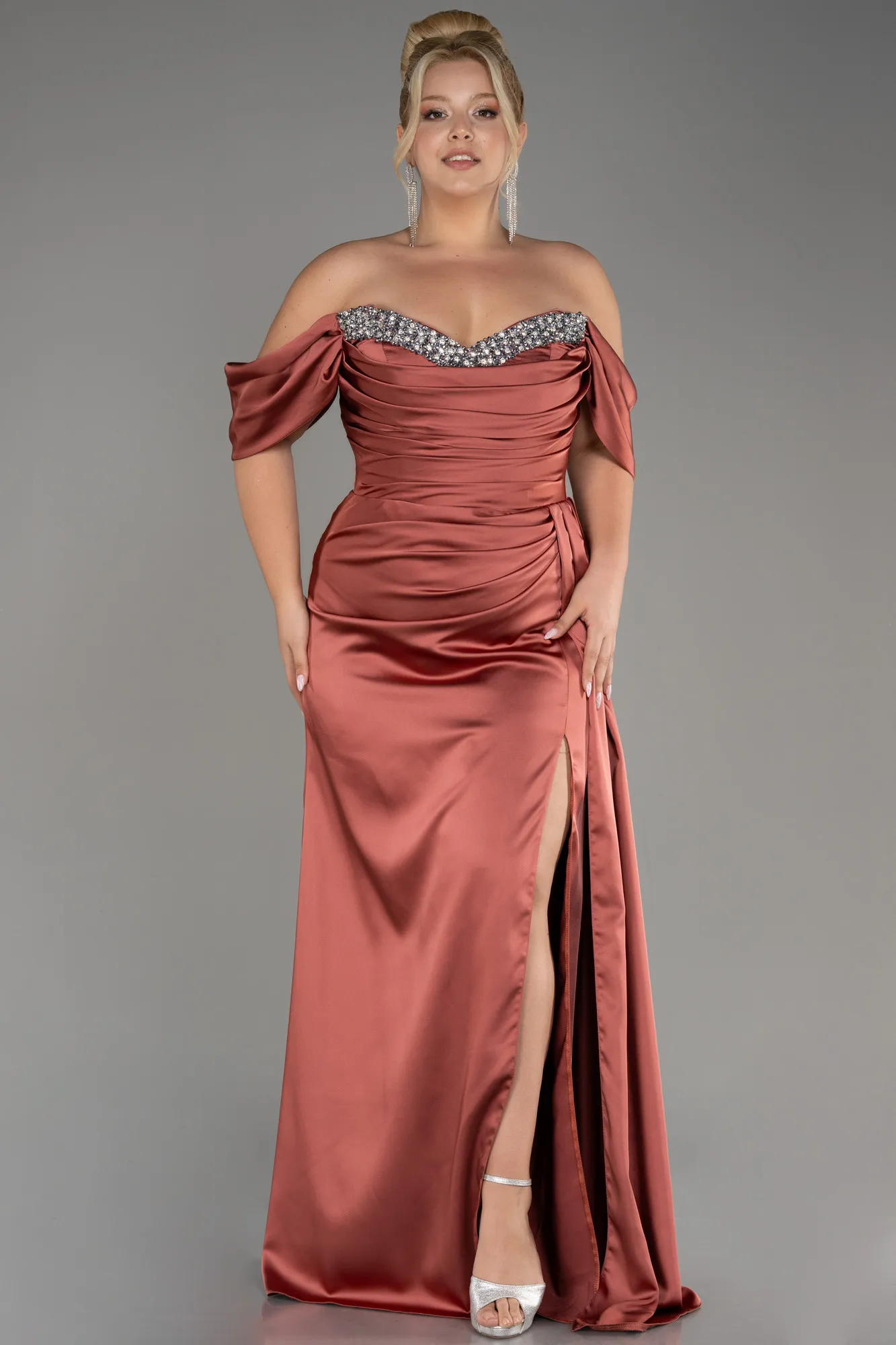 Cinnamon-Long Satin Plus Size Engagement Dress ABU3655