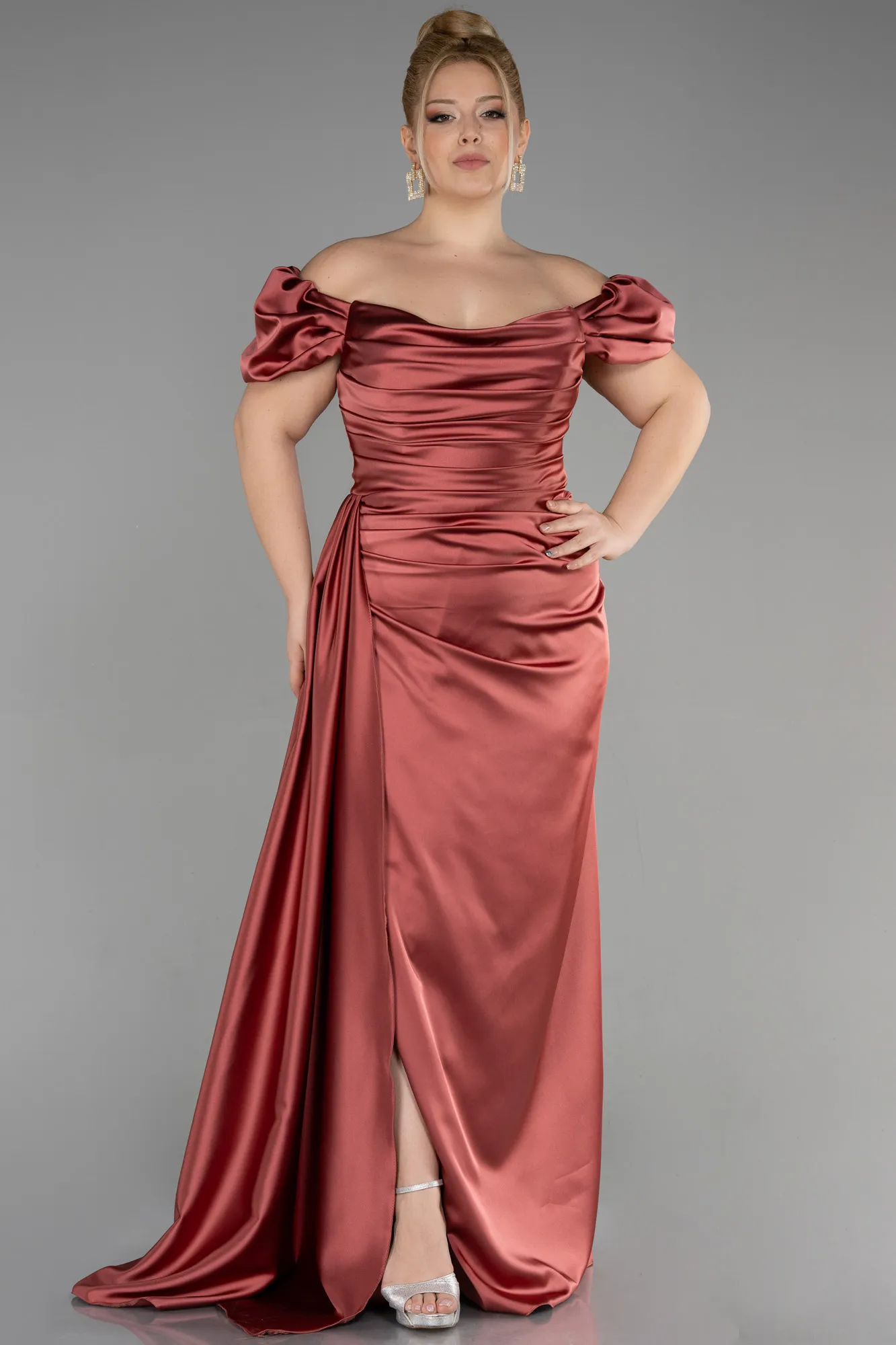 Cinnamon-Long Satin Plus Size Evening Dress ABU1626