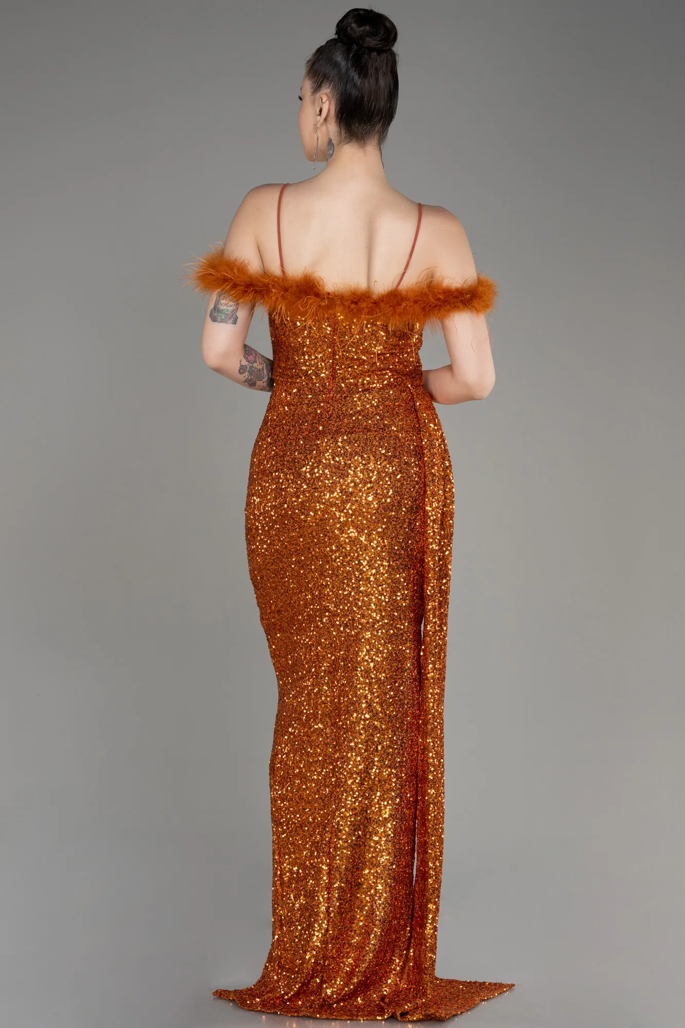 Cinnamon-Long Slit Scaly Evening Dress ABU3901