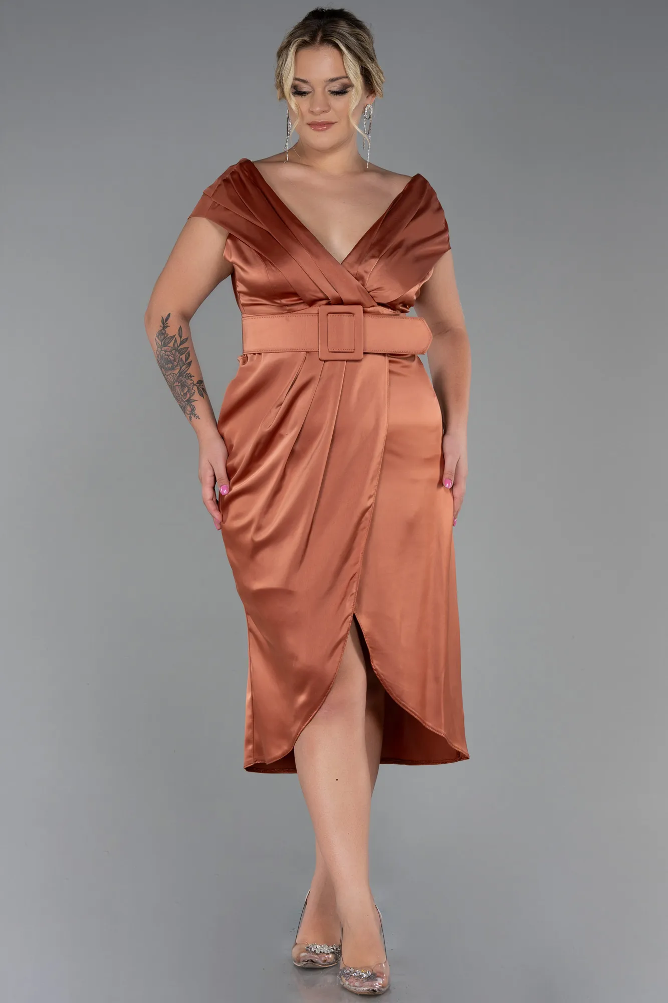 Cinnamon-Midi Satin Plus Size Evening Dress ABK1499