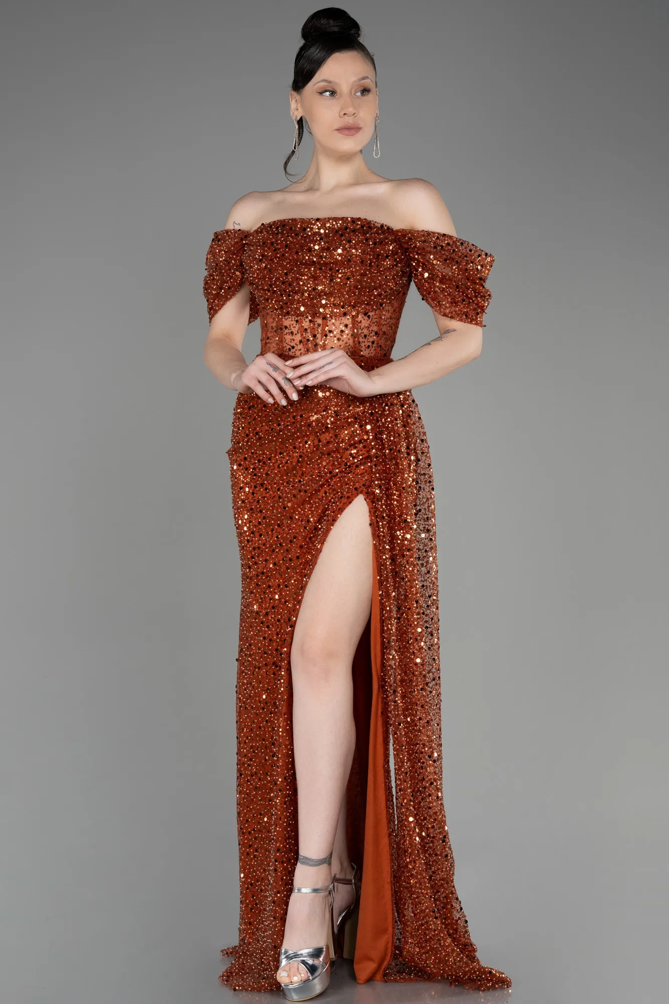 Cinnamon-Off-Shoulder Slit Long Scaly Evening Dress ABU3847
