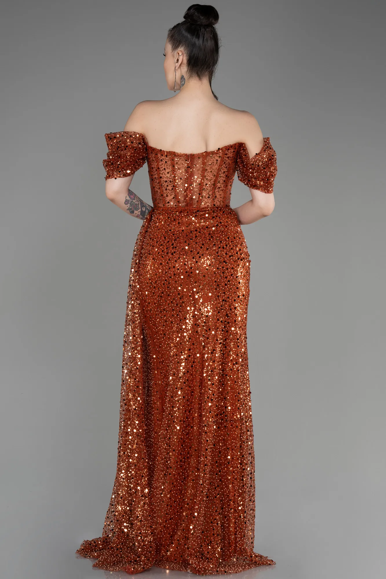 Cinnamon-Off-Shoulder Slit Long Scaly Evening Dress ABU3847