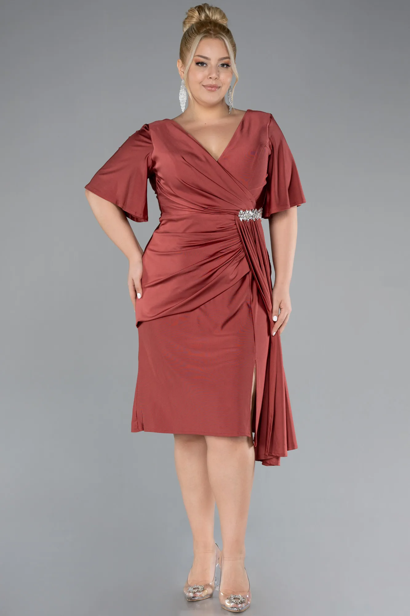 Cinnamon-Short Sleeve Midi Cocktail Dress ABK2162