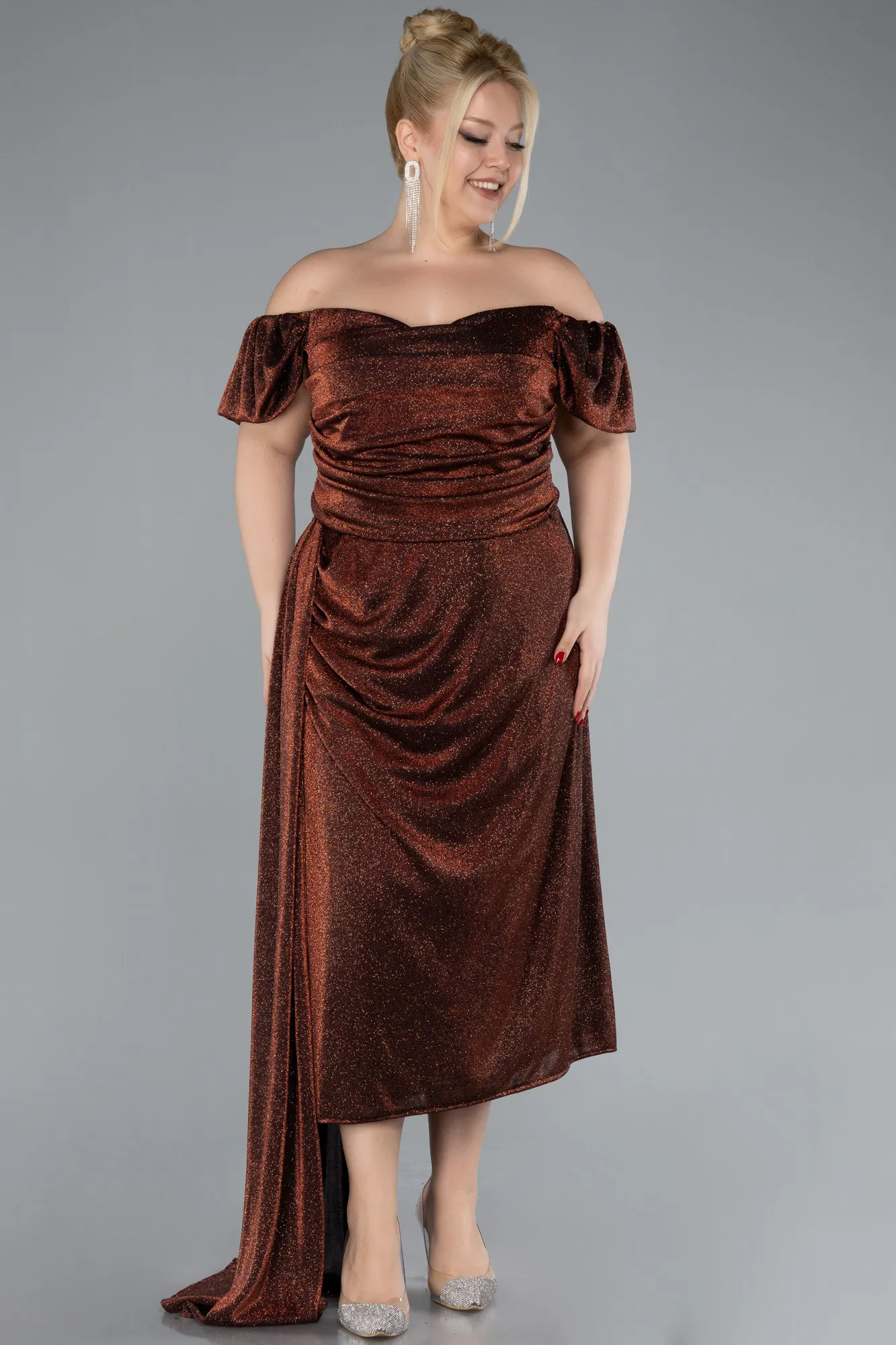 Copper-Boat Neck Midi Glittered Plus Size Evening Dress ABK2181