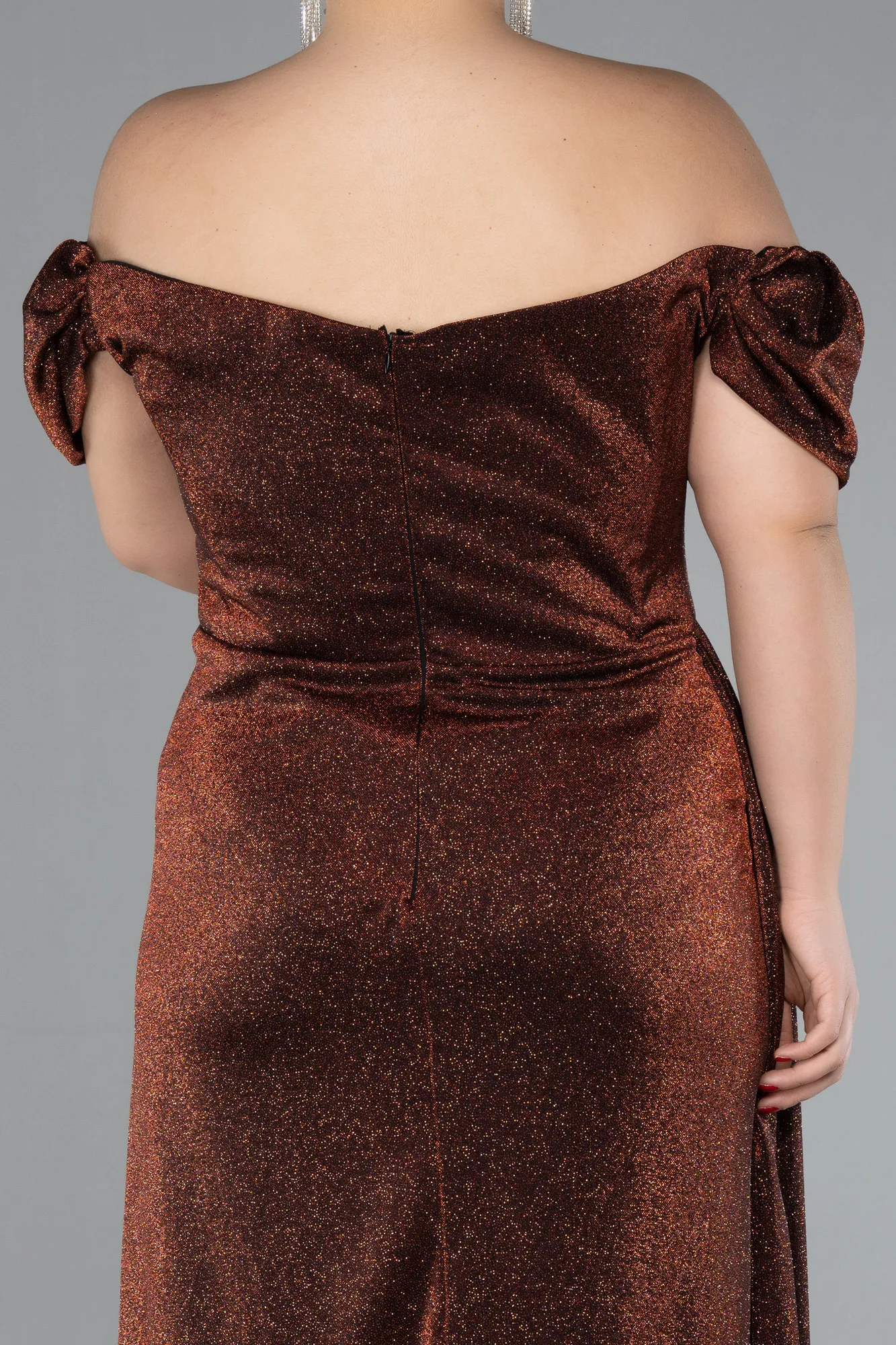 Copper-Boat Neck Midi Glittered Plus Size Evening Dress ABK2181