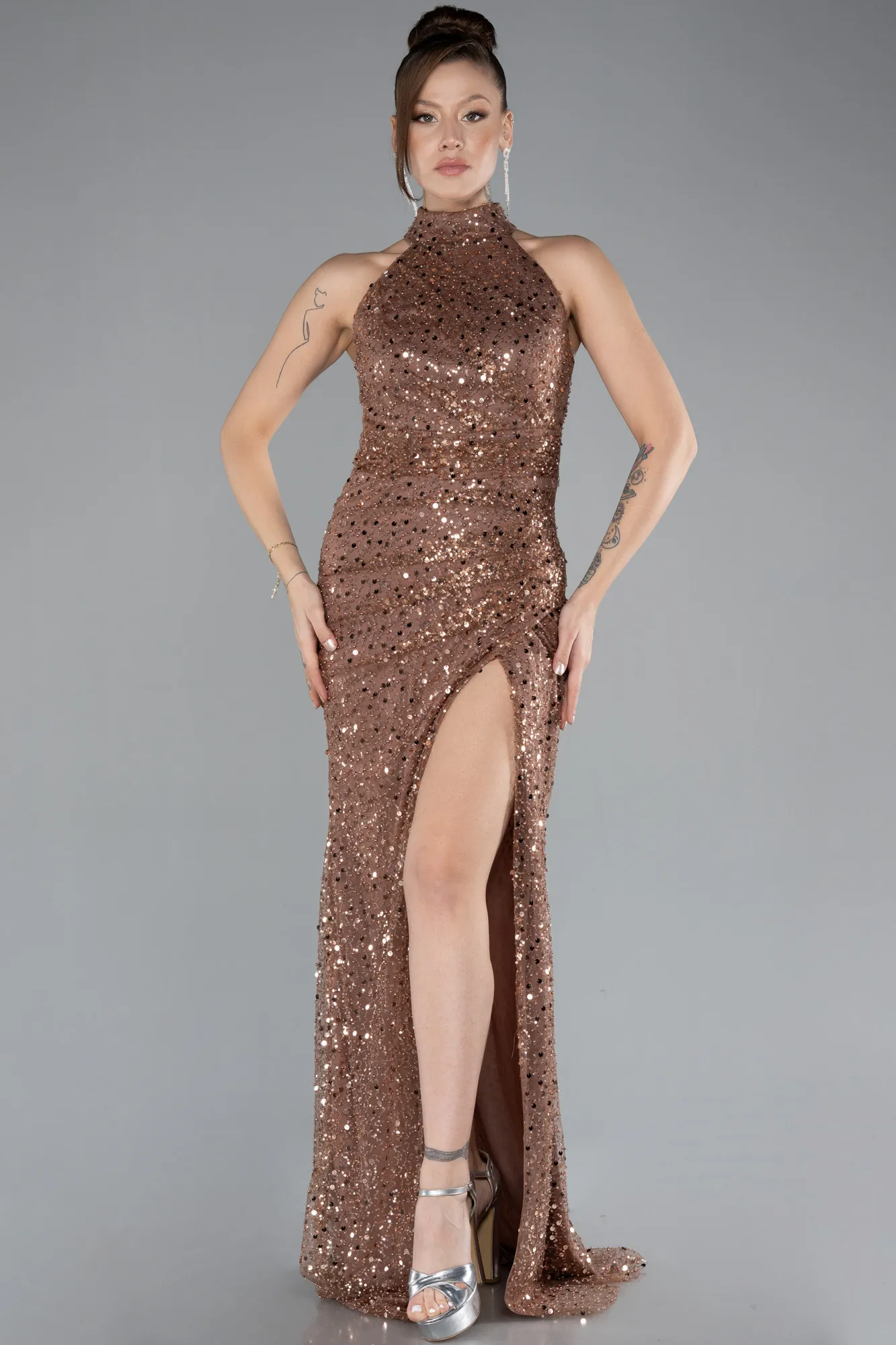 Copper-Halter Neck Slit Long Scaly Evening Gown ABU4376