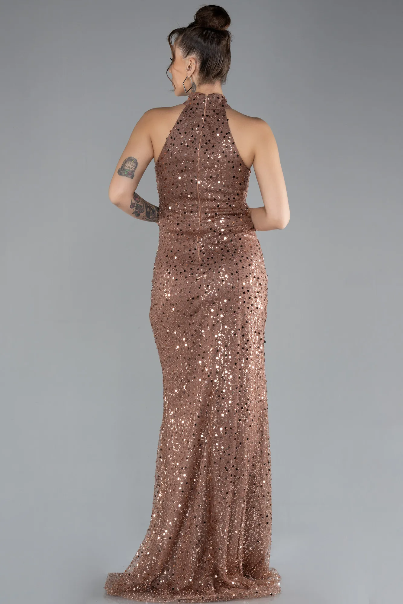 Copper-Halter Neck Slit Long Scaly Evening Gown ABU4376