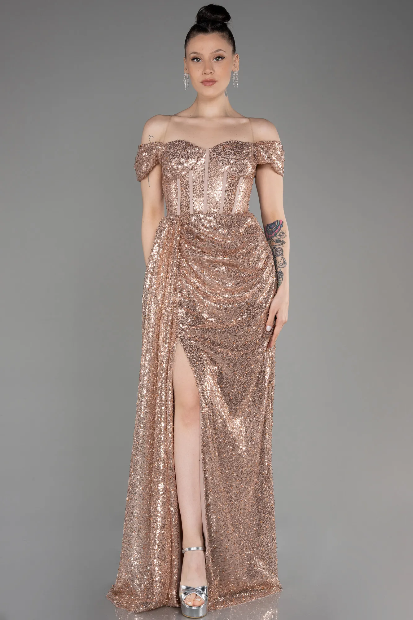Copper-Long Scaly Evening Dress ABU3794
