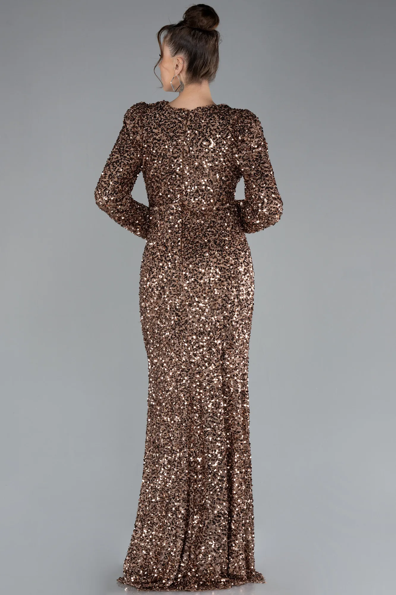 Copper-Long Sleeve Slit Sequined Evening Gown ABU4329