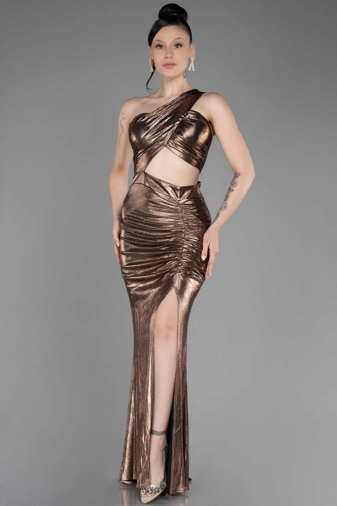 Copper-One-Shoulder Slit Long Prom Dress ABU3848