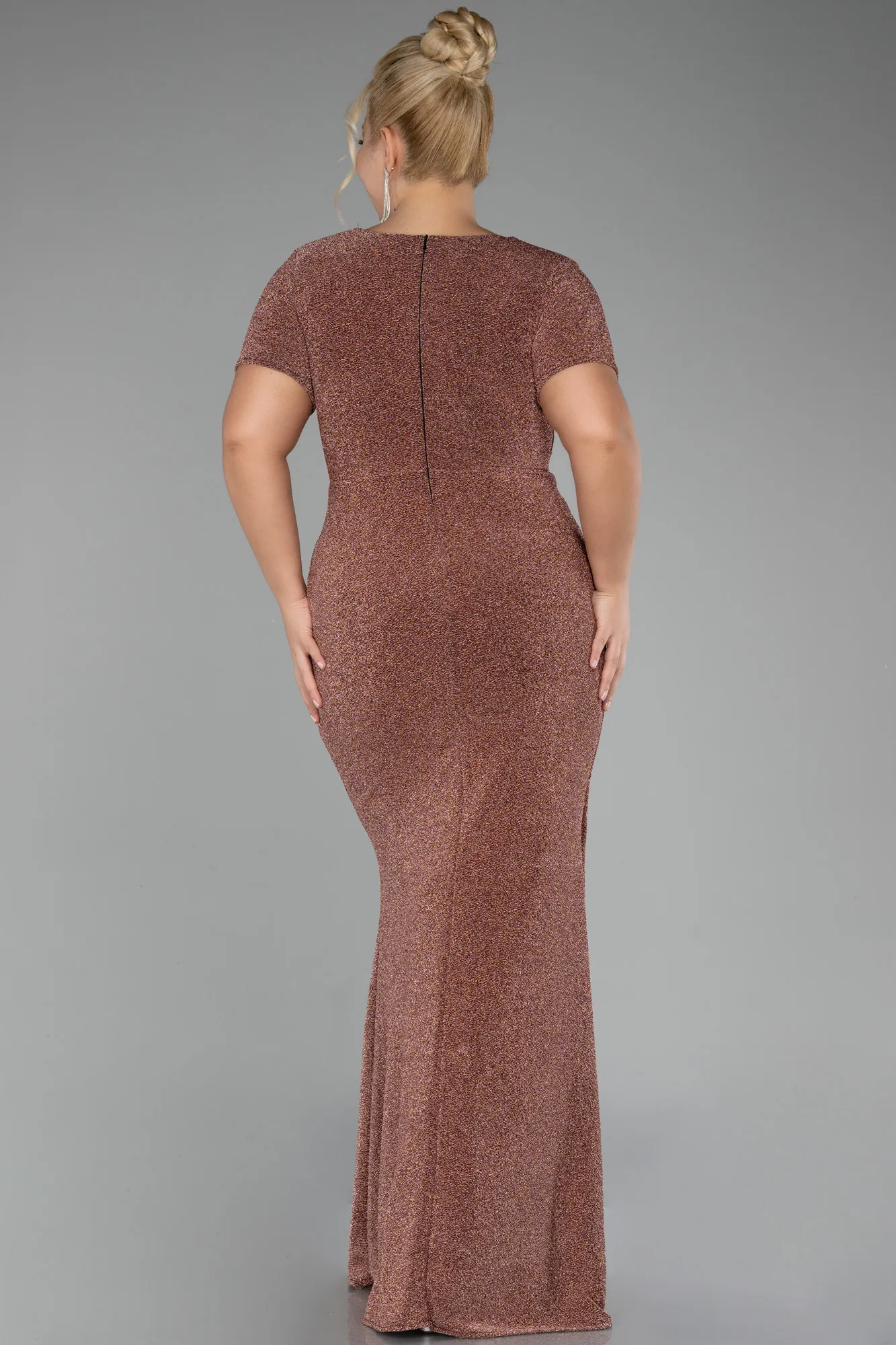 Copper-Short Sleeve Long Silvery Plus Size Evening Dress ABU4101