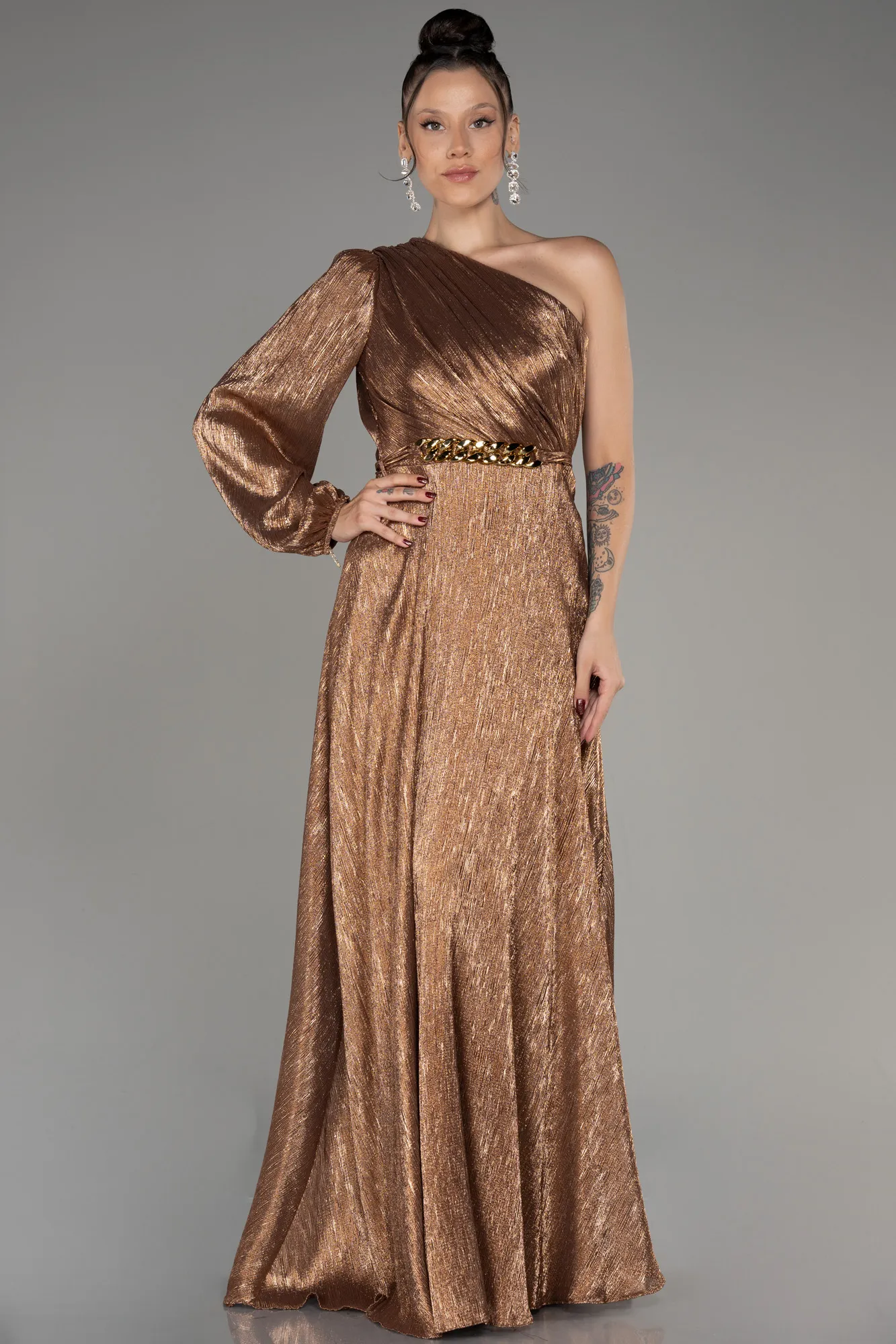 Copper-Single Sleeve Long Evening Dress ABU4037