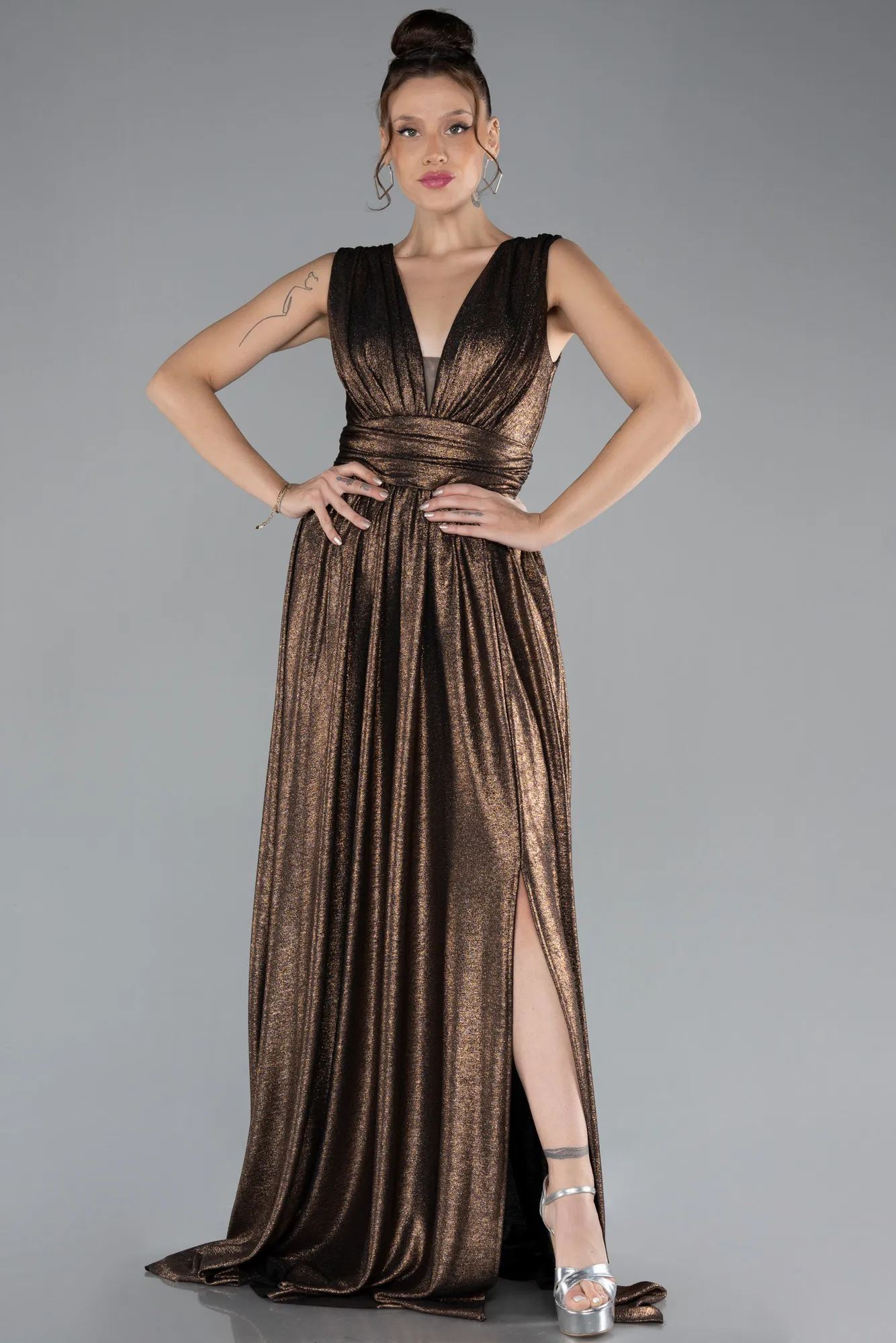 Copper-Sleeveless Slit Long Glitter Evening Dress ABU4377