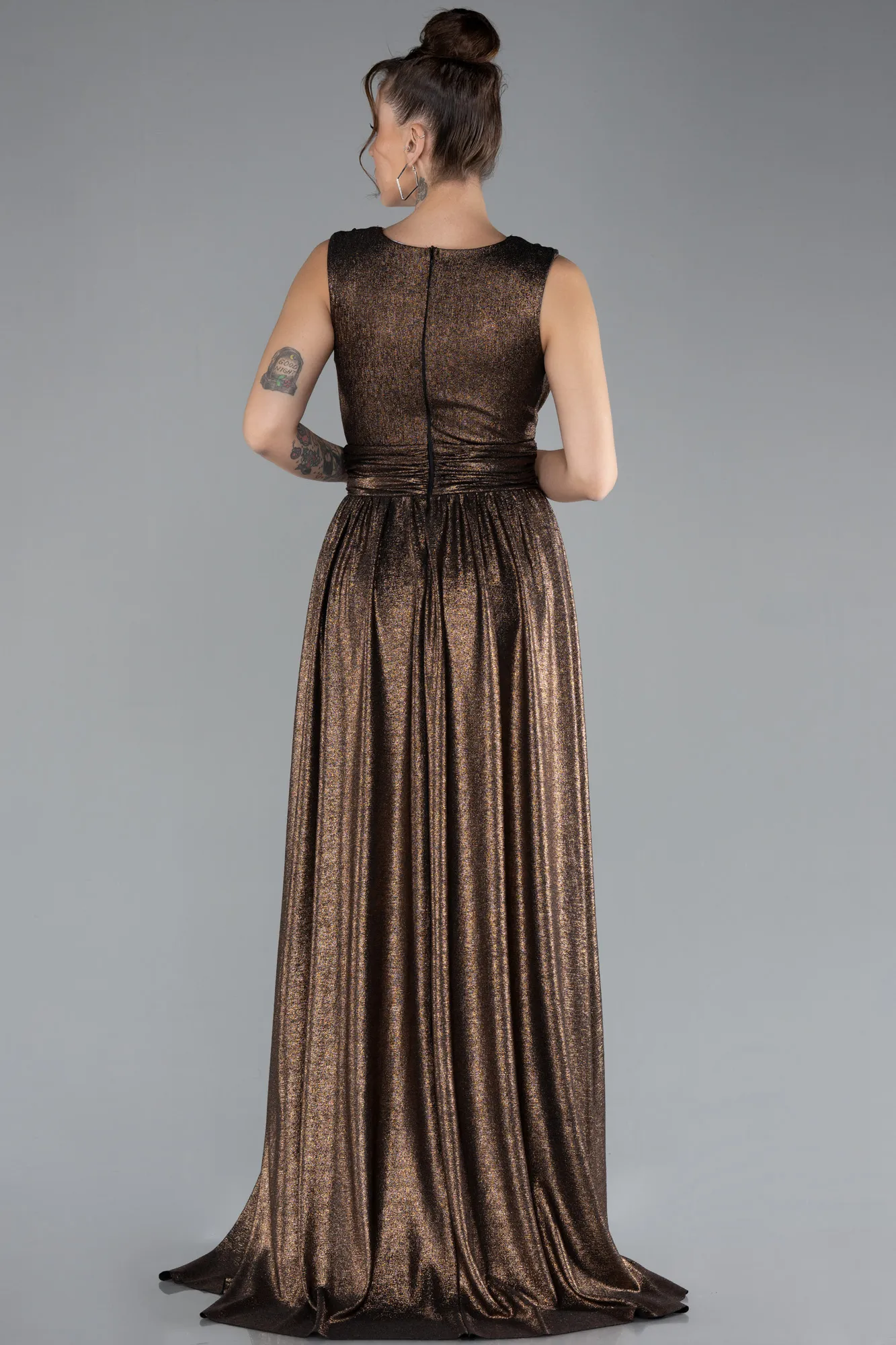 Copper-Sleeveless Slit Long Glitter Evening Dress ABU4377