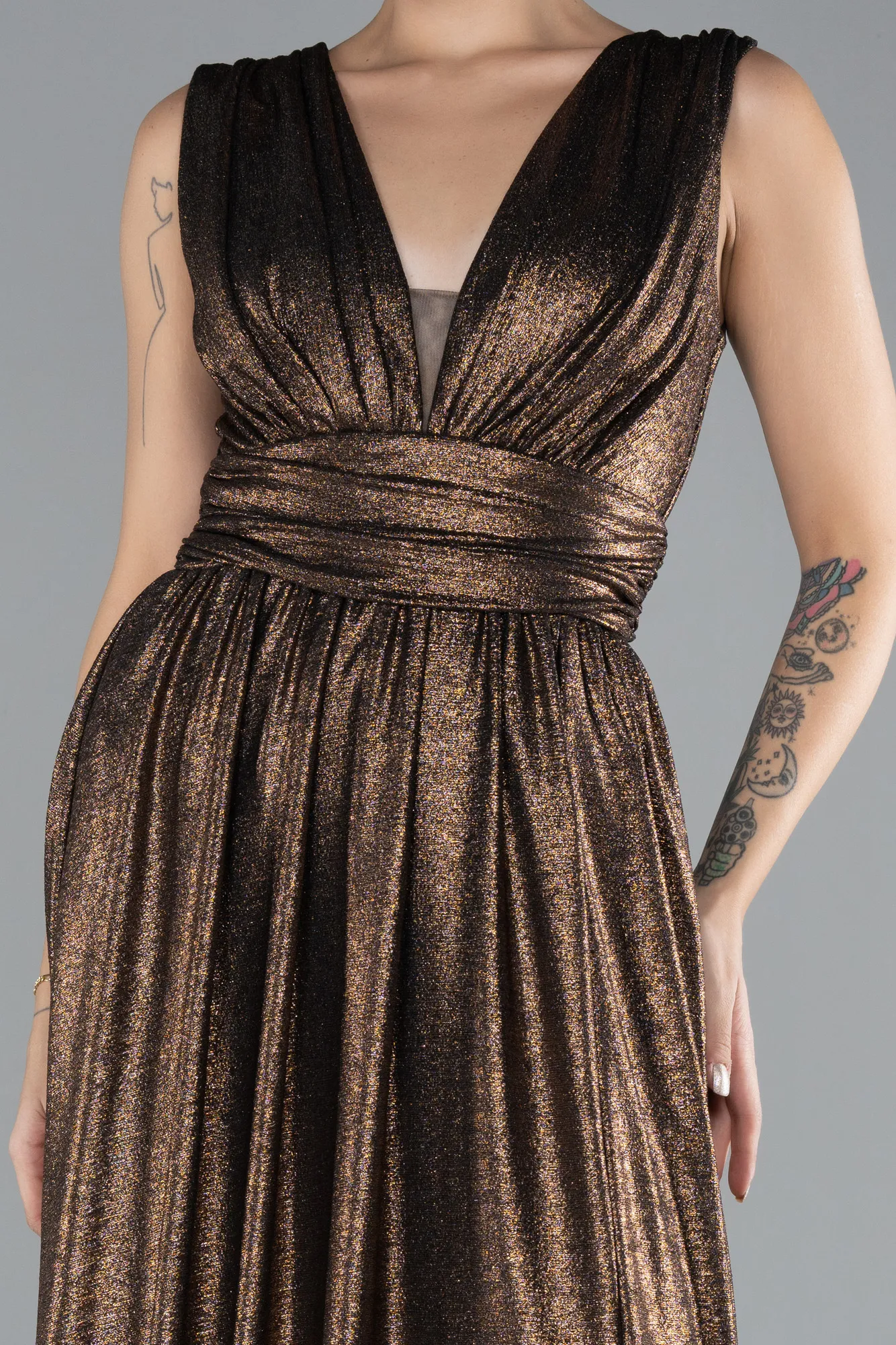 Copper-Sleeveless Slit Long Glitter Evening Dress ABU4377