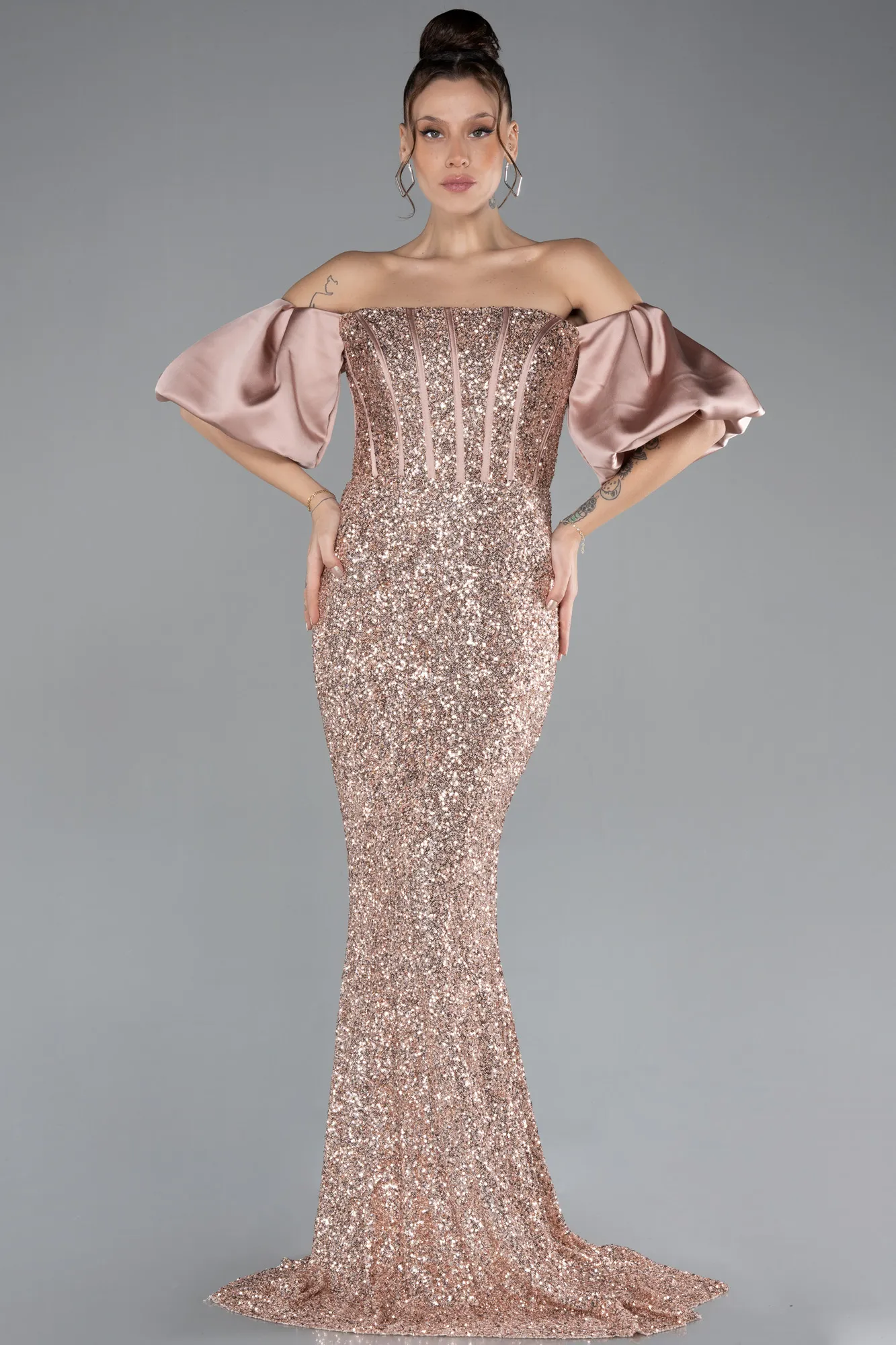 Copper-Strapless Sleeve Accessories Long Scaly Evening Gown ABU4308