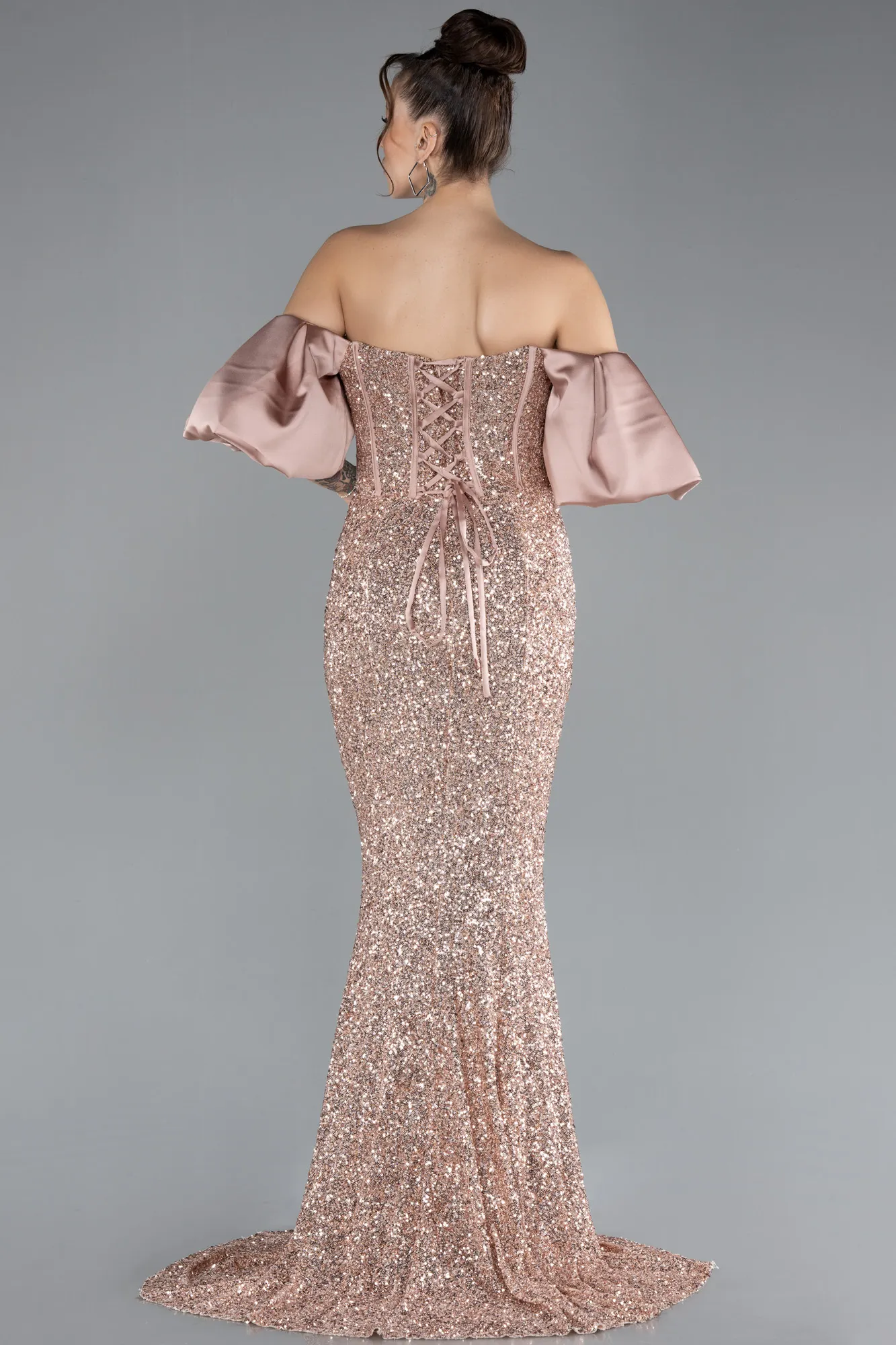 Copper-Strapless Sleeve Accessories Long Scaly Evening Gown ABU4308