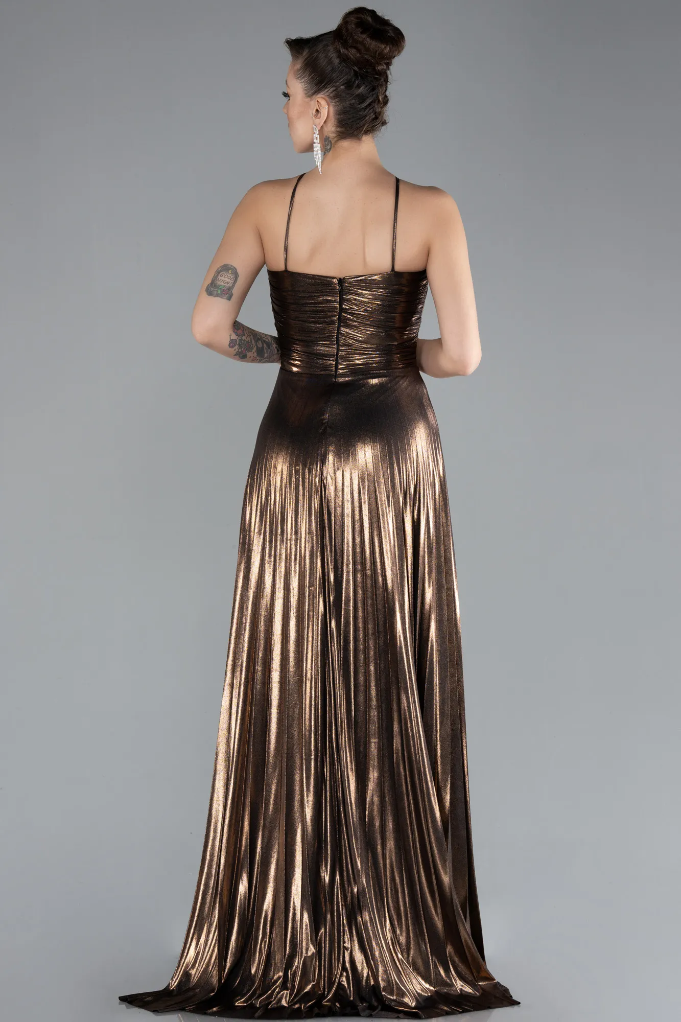 Copper-Symmetrical Cut Long Metallic Chiffon Evening Gown ABU4497