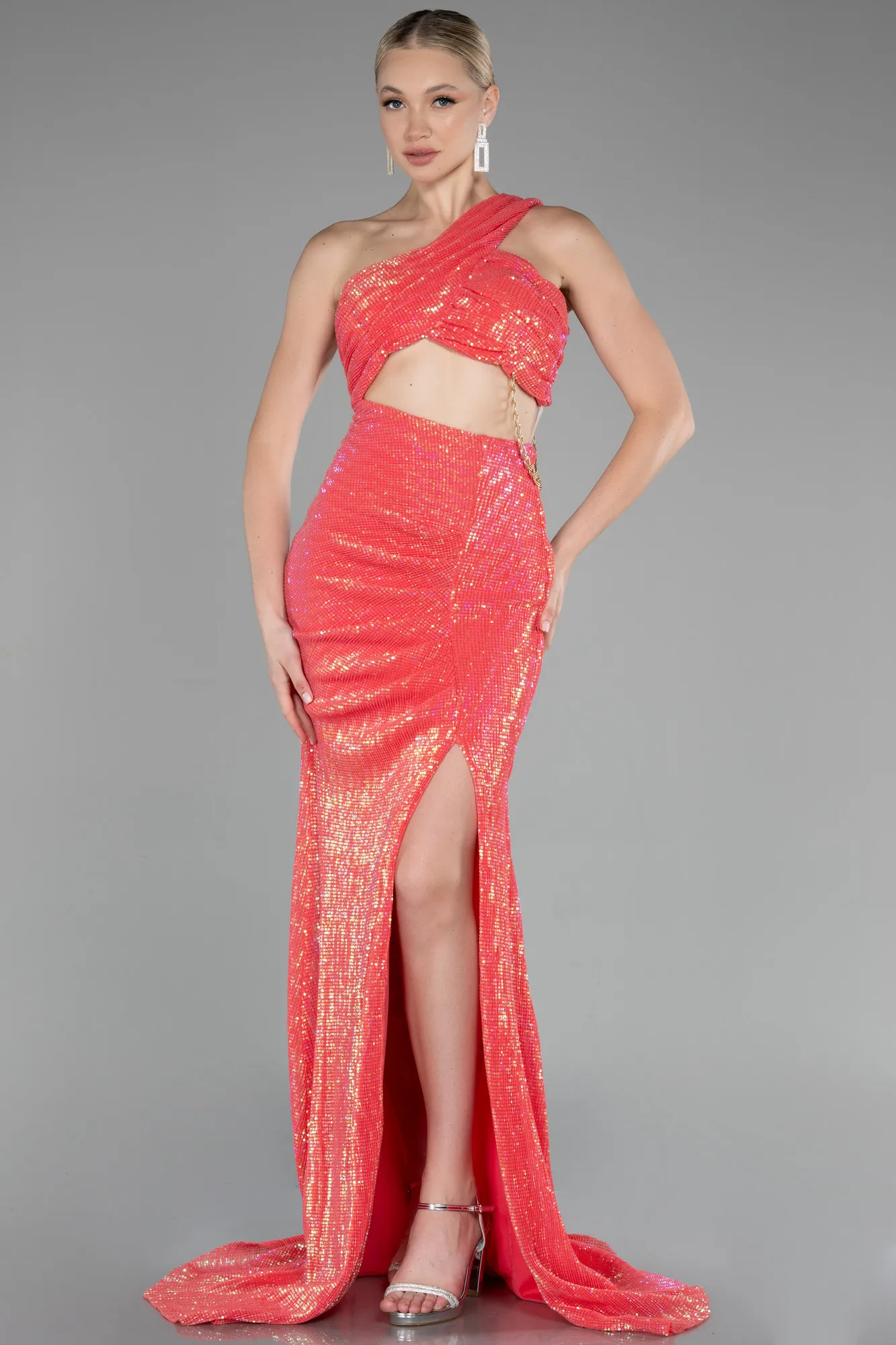 Coral-Long Scaly Evening Dress ABU3164