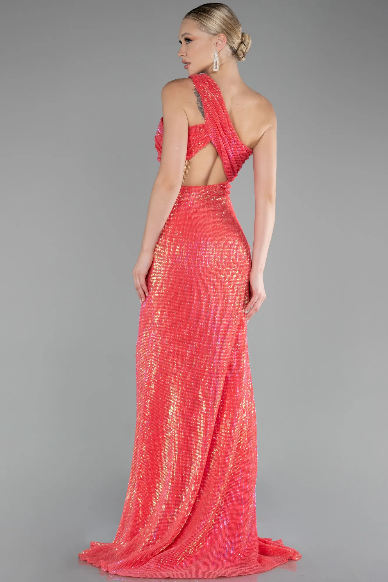 Coral-Long Scaly Evening Dress ABU3164