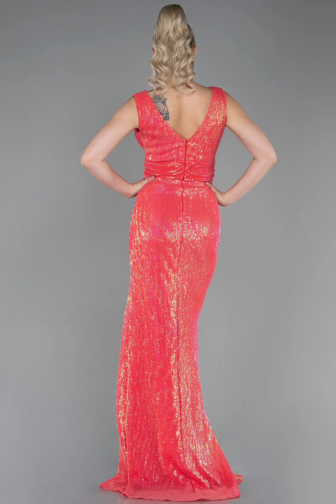 Coral-Long Scaly Evening Dress ABU3274