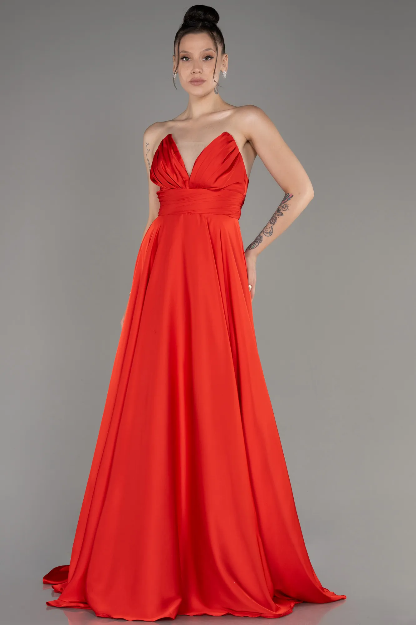 Coral-Strapless Long Satin Prom Dress ABU3965