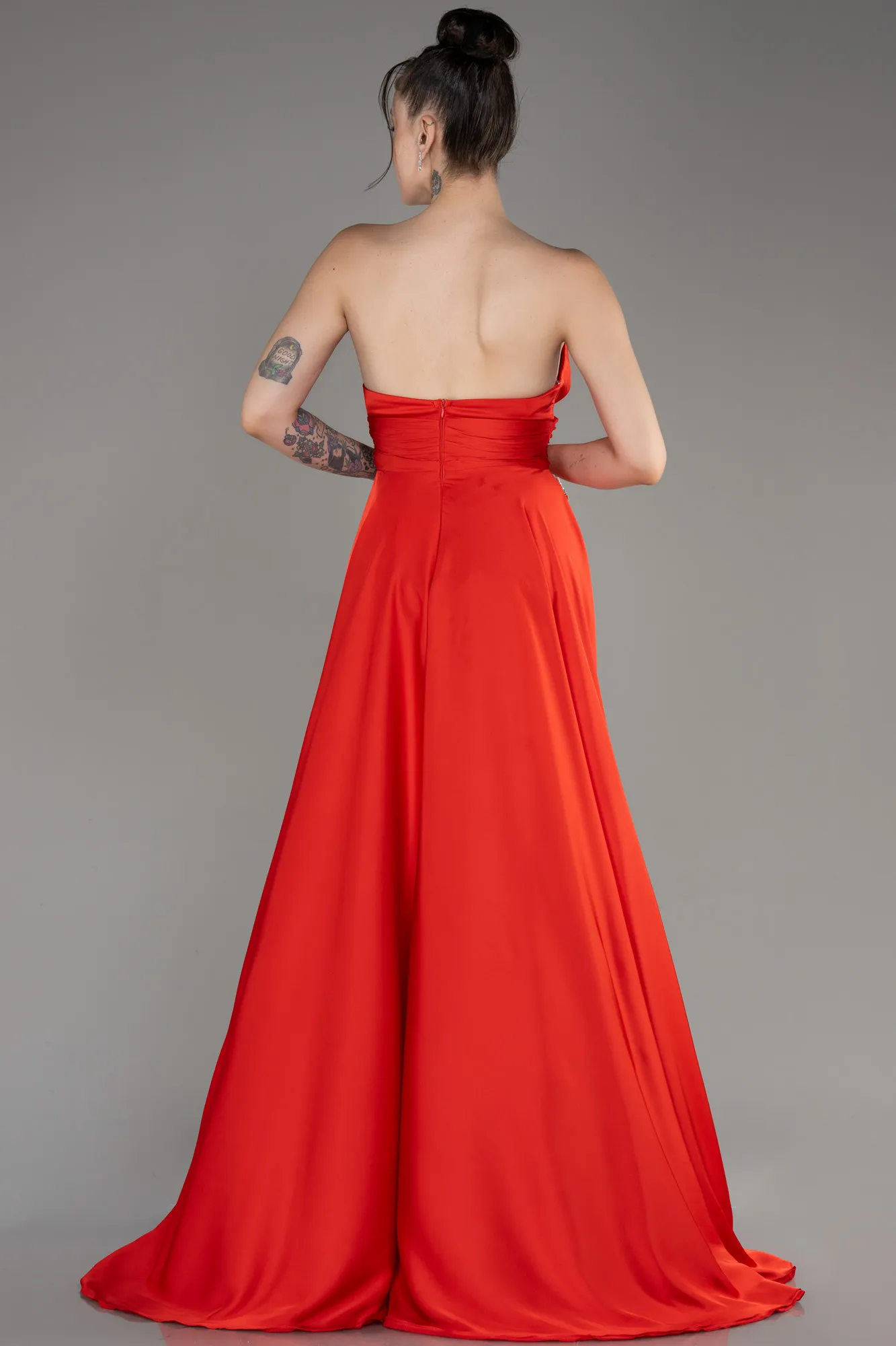 Coral-Strapless Long Satin Prom Dress ABU3965