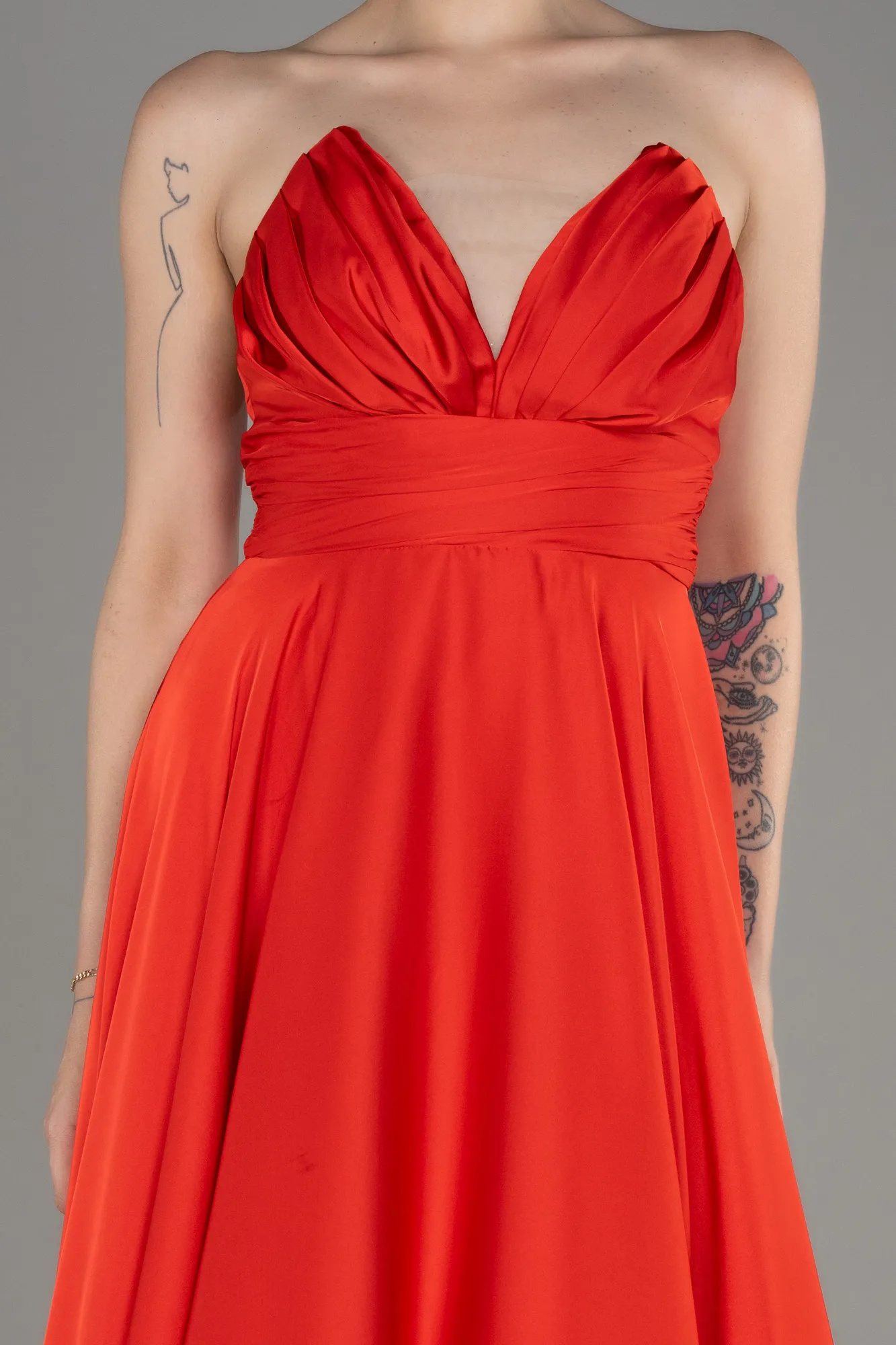 Coral-Strapless Long Satin Prom Dress ABU3965